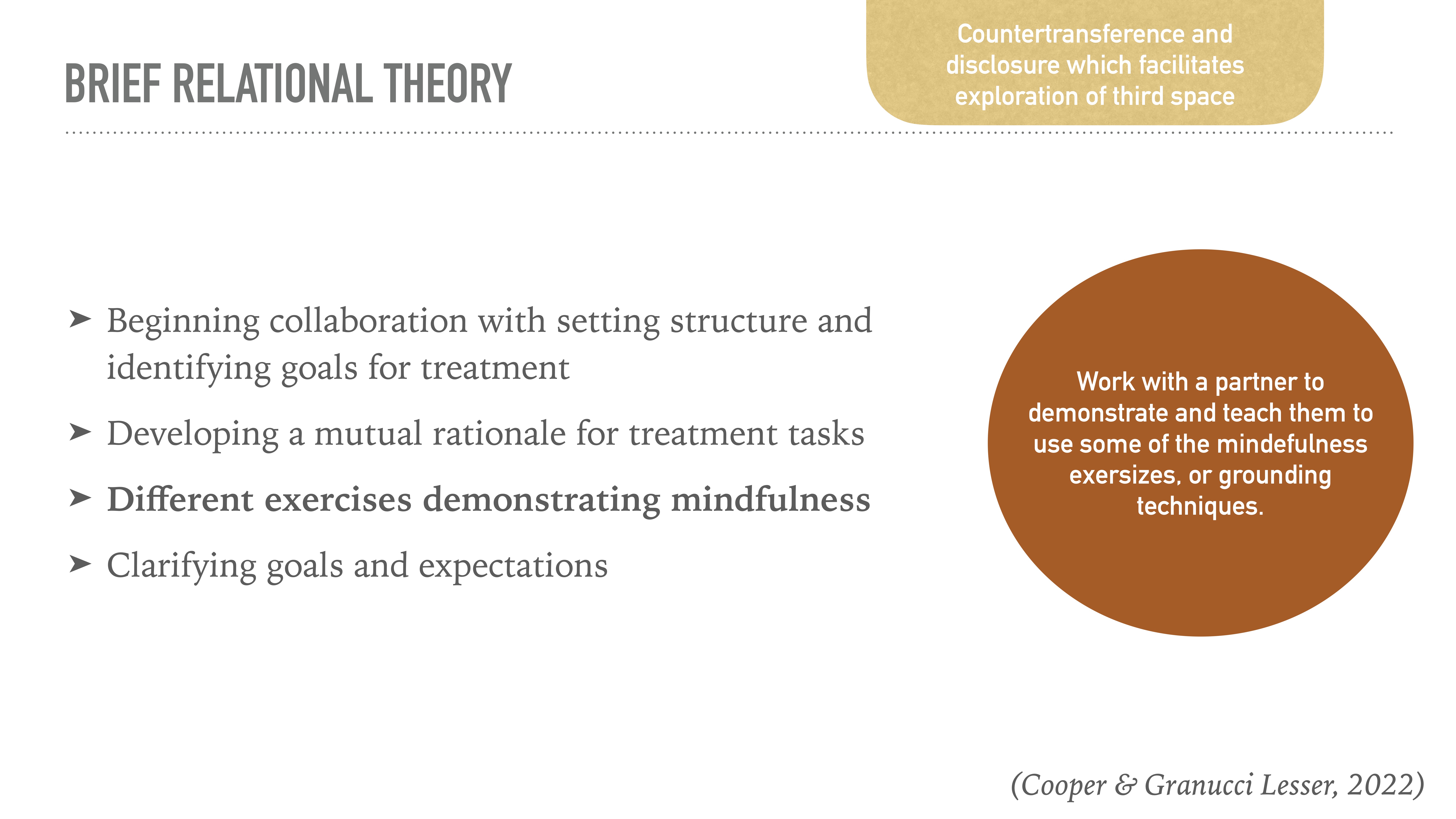 Slide titled 'Brief Relational Theory' lists steps for collaboration and goal setting in treatment, with emphasis on mindfulness exercises. A highlighted point encourages working with a partner. (Cooper & Granucci Lesser, 2022)