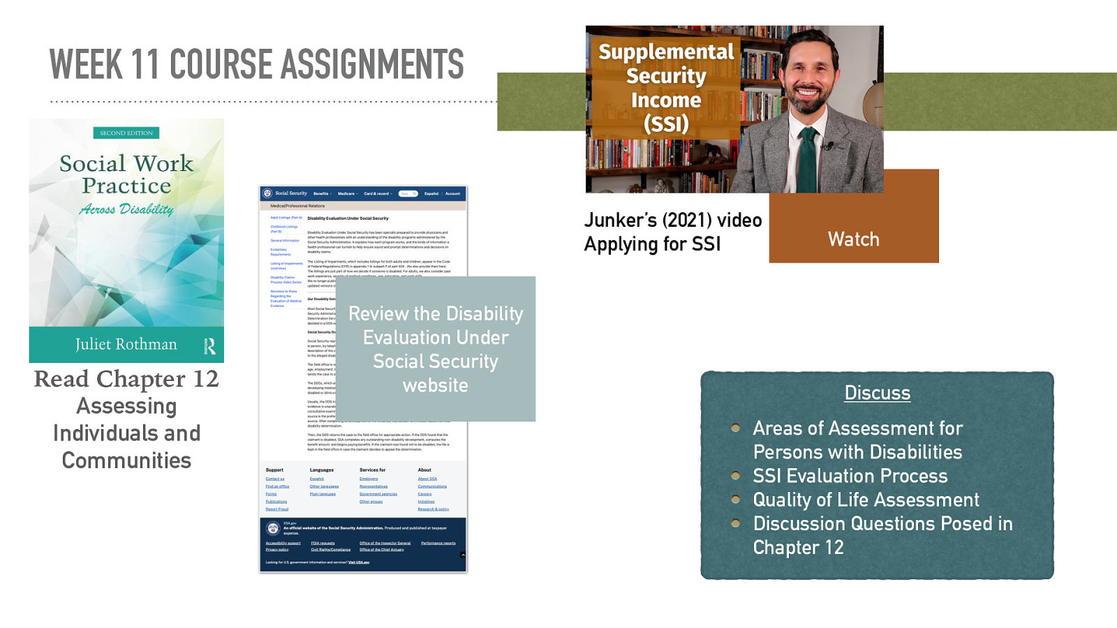 WEEK 11 COURSE ASSIGNMENTS Junker’s (2021) video Applying for SSI Read Chapter 12 Assessing Individuals and Communities Review the Disability Evaluation Under Social Security website Watch Discuss Areas of Assessment for Persons with Disabilities SSI Evaluation Process Quality of Life Assessment Discussion Questions Posed in Chapter 12
