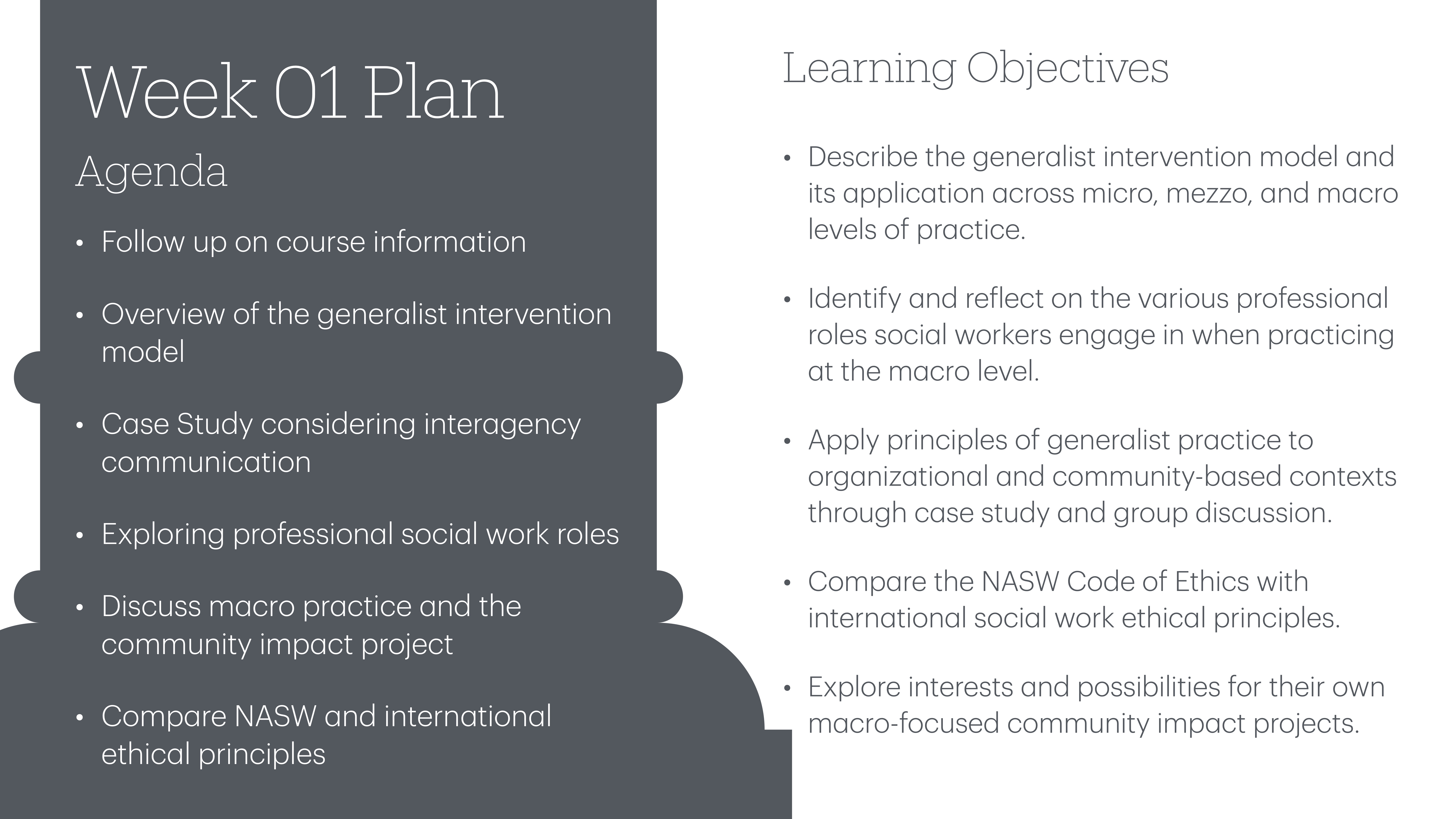 **Object**: Presentation slide**Action**: Lists agenda and objectives**Context**: Educational setting**Text**:- **Week 01 Plan**  - **Agenda**:    - Follow up on course information    - Overview of the generalist intervention model    - Case Study considering interagency communication    - Exploring professional social work roles    - Discuss macro practice and the community impact project    - Compare NASW and international ethical principles- **Learning Objectives**:  - Describe the generalist intervention model and its application across micro, mezzo, and macro levels of practice.  - Identify and reflect on professional roles at the macro level.  - Apply generalist practice principles to organizational and community contexts.  - Compare the NASW Code of Ethics with international social work ethical principles.  - Explore possibilities for macro-focused community impact projects.