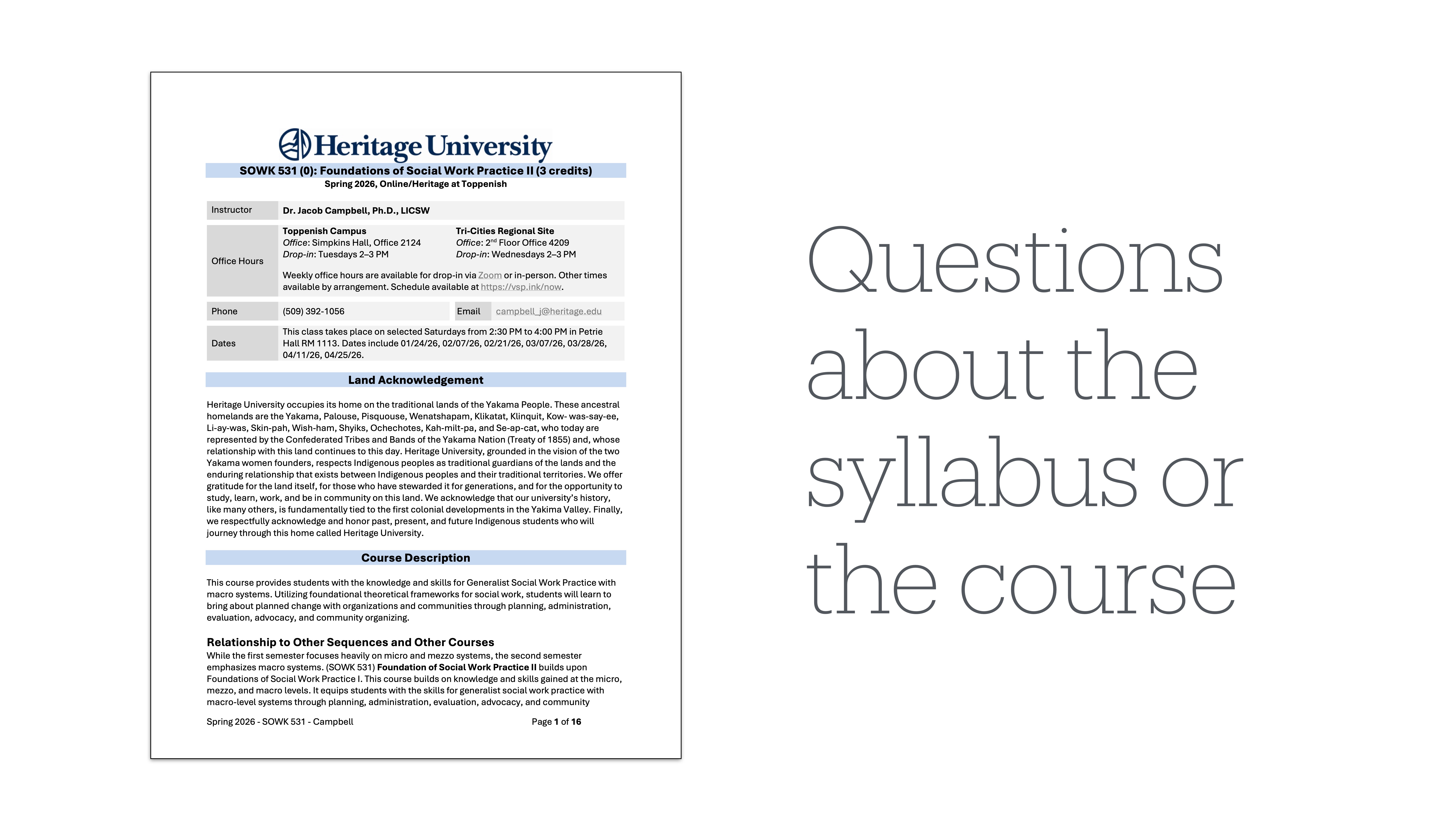 The slide shows a syllabus text document from Heritage University on the left, and bold text 'Questions about the syllabus or the course' on the right, set against a plain background.