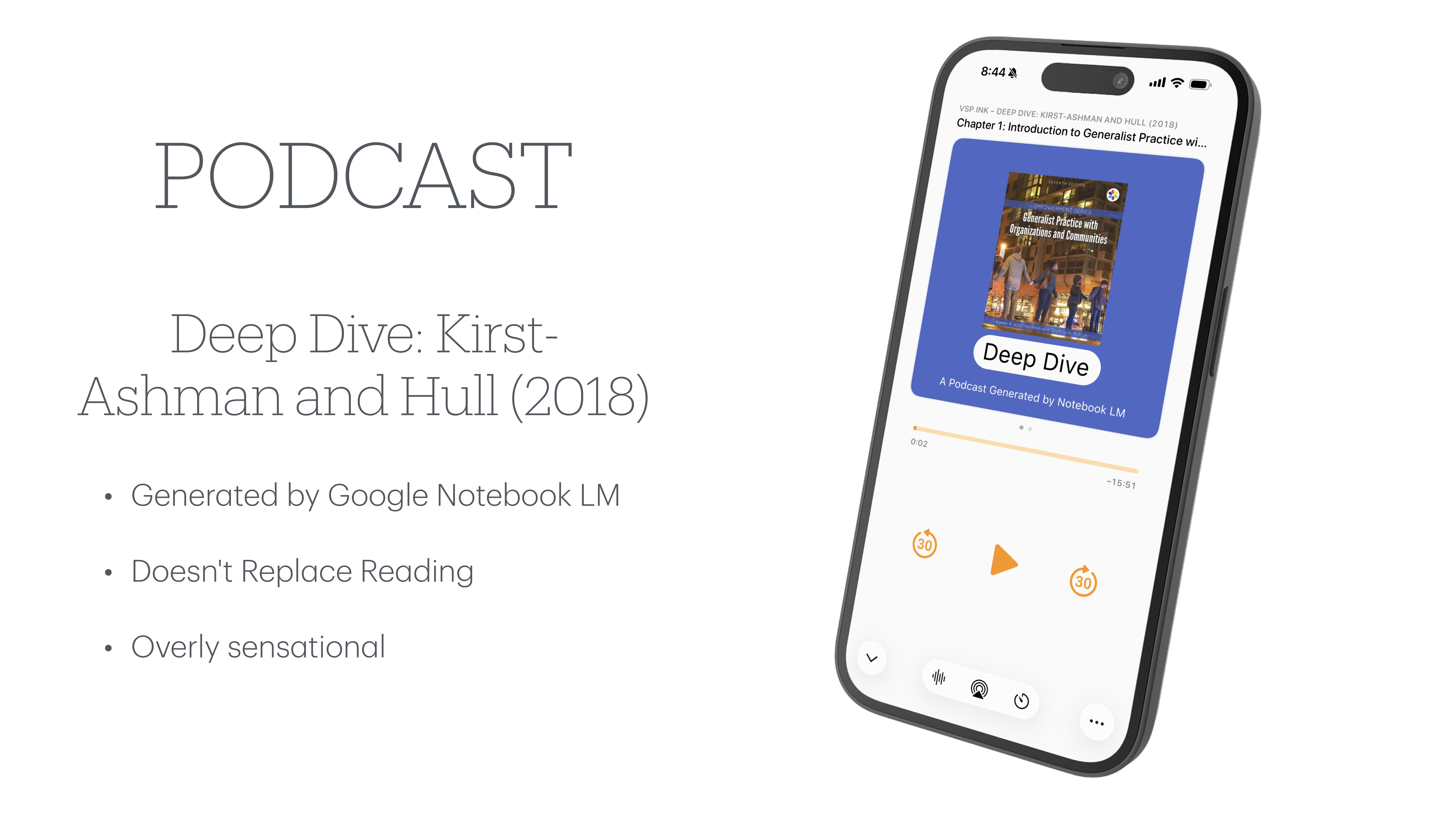 A smartphone displays a podcast titled 'Deep Dive' by Kirst-Ashman and Hull (2018). Text beside it reads: 'PODCAST,' 'Generated by Google Notebook LM,' 'Doesn't Replace Reading,' 'Overly sensational.'