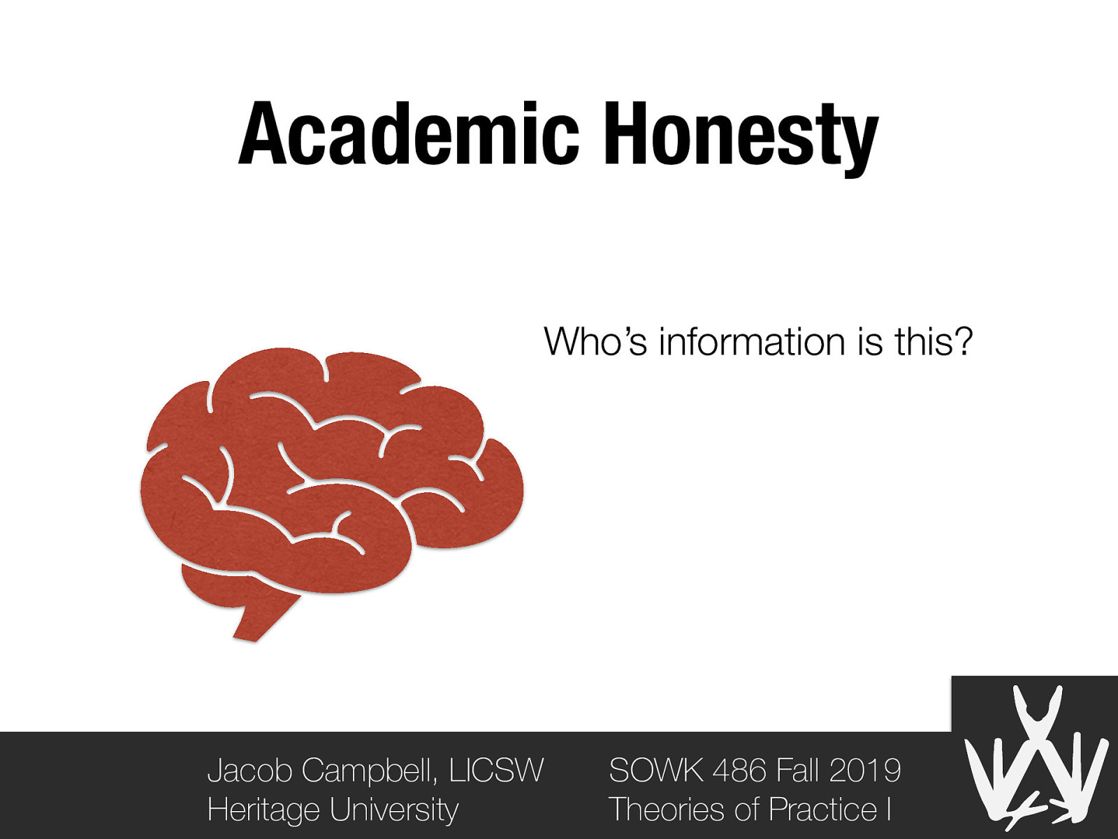 Academic Honesty Who’s information is this? Jacob Campbell, LICSW Heritage University SOWK 486 Fall 2019 Theories of Practice I
