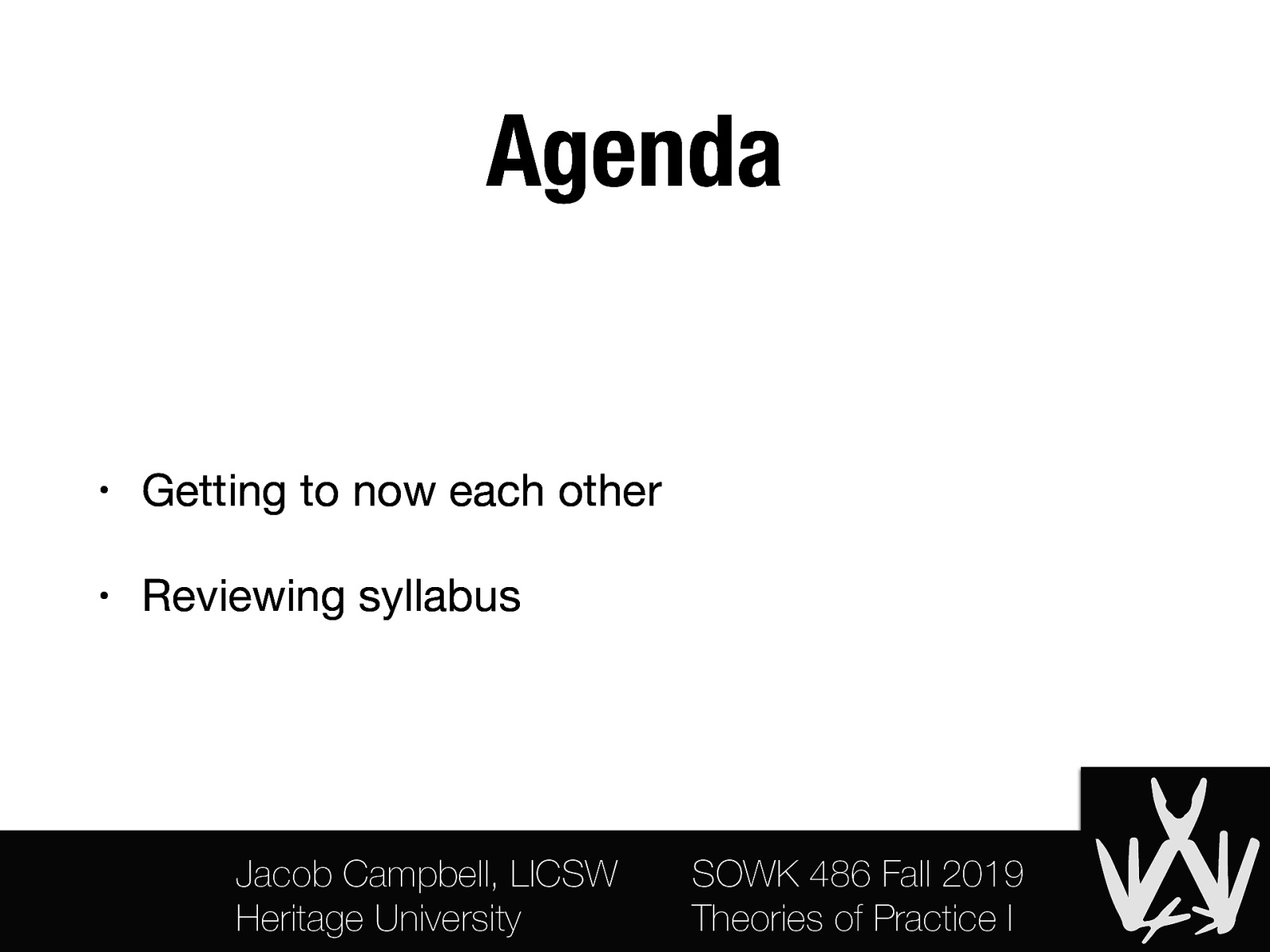 Agenda • Getting to now each other • Reviewing syllabus Jacob Campbell, LICSW Heritage University SOWK 486 Fall 2019 Theories of Practice I
