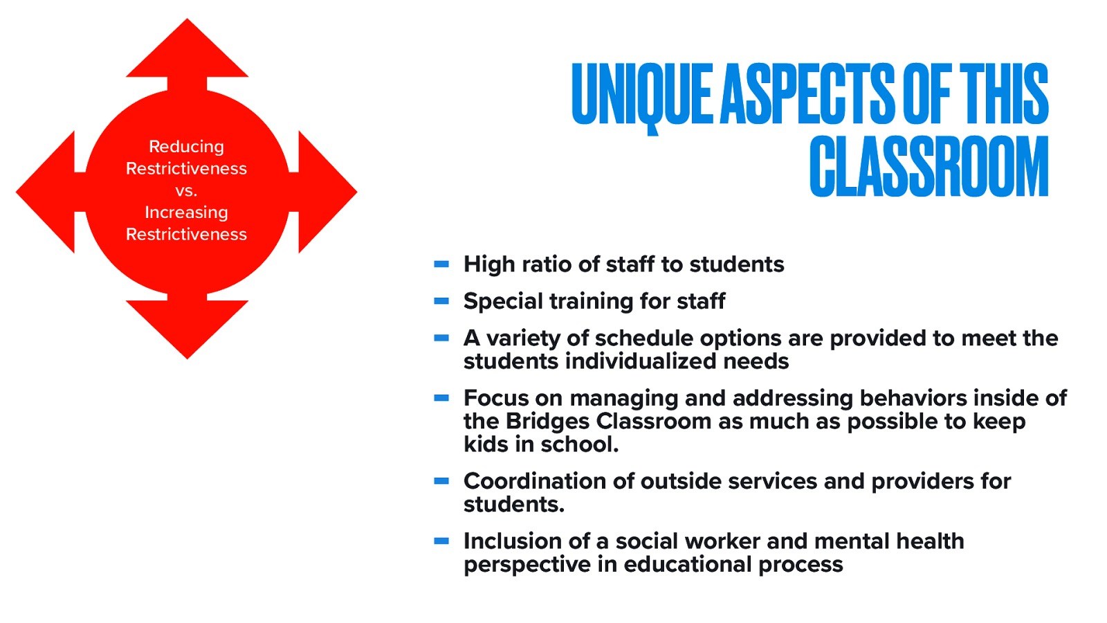 ff ff Reducing Restrictiveness vs. Increasing Restrictiveness UNIQUE ASPECTS OF THIS CLASSROOM - High ratio of sta to students Special training for sta A variety of schedule options are provided to meet the students individualized needs Focus on managing and addressing behaviors inside of the Bridges Classroom as much as possible to keep kids in school. Coordination of outside services and providers for students. Inclusion of a social worker and mental health perspective in educational process
