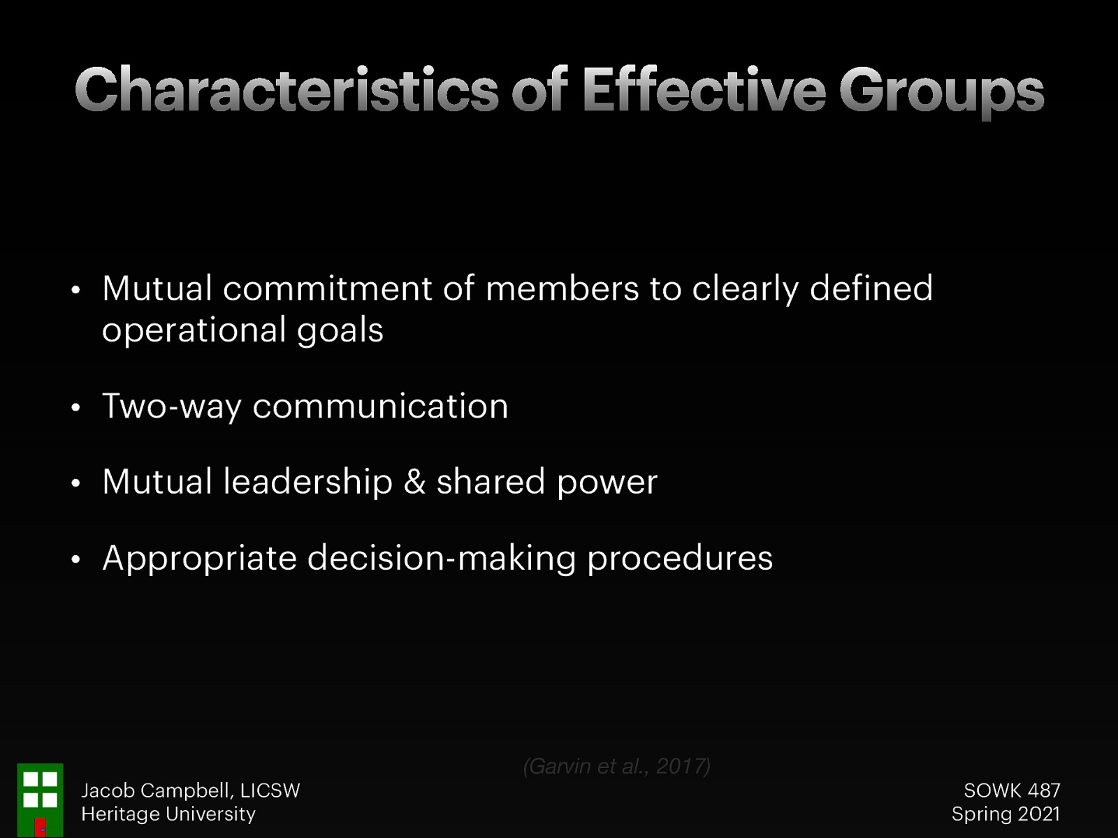  Community-Based Participatory Research Partnerships have some common characteristics that are important to be effective.  [Whole Class Activity] For each topic discuss what are some possible ways that gets implemented in groups.  Mutual commitment of members to clearly defined operational goals (mission / vision statement, agency MOUs,letters of commitment, public displays of membership) Two-way communication (various forms of communication and methods to share and receive information) Mutual leadership & shared power (specific roles i.e. president, etc.) Appropriate decision-making procedures (Roberts Rules of Order) 
