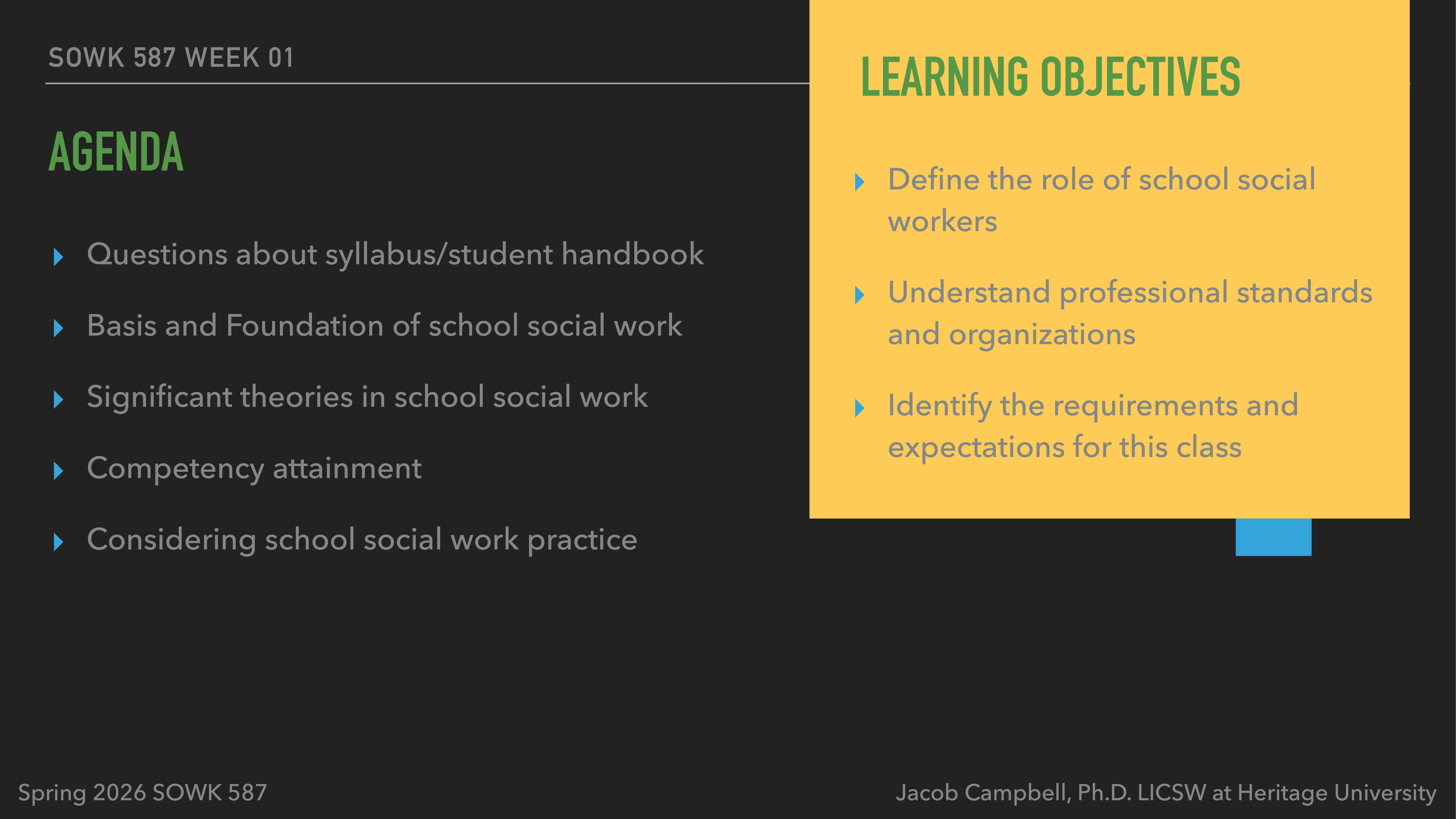 Slide titled 'SOWK 587 Week 01' features agenda and learning objectives. Agenda includes syllabus questions and theories. Objectives cover defining social worker roles and understanding standards. Bottom text: 'Spring 2026 SOWK 587' and Jacob Campbell's credentials.