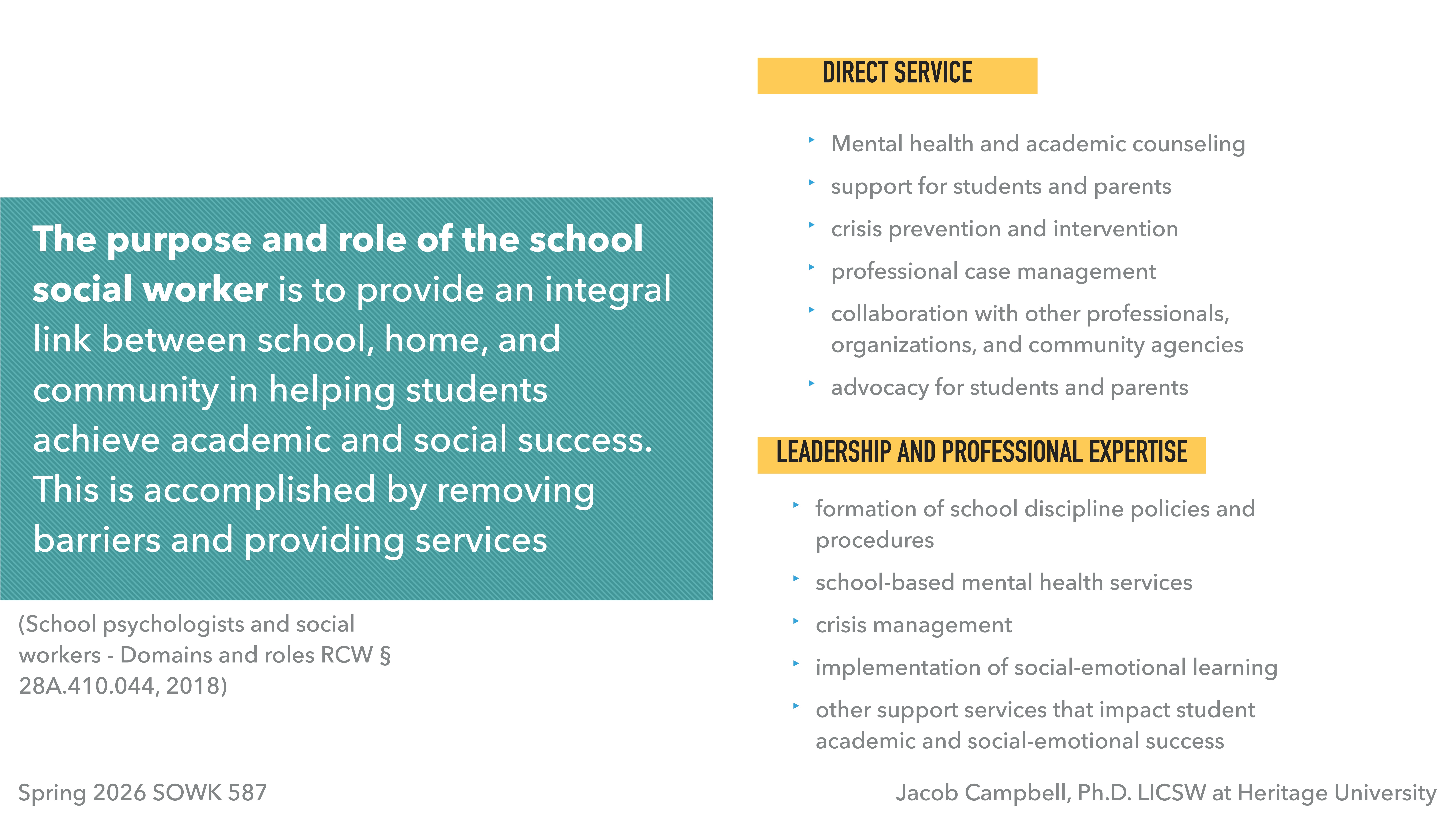The slide outlines the role and purpose of school social workers, including direct service and leadership. It emphasizes mental health, academic counseling, crisis management, and collaboration for student success. Key points:- **Purpose and Role**: Linking school, home, and community to aid student success. - **Direct Service**:  - Mental health and academic counseling  - Support for students and parents  - Crisis prevention and intervention  - Professional case management  - Collaboration and advocacy- **Leadership and Professional Expertise**:  - School discipline policy formation  - School-based mental health services  - Crisis management and social-emotional learning(Acknowledgement: Jacob Campbell, Ph.D. LICSW at Heritage University)