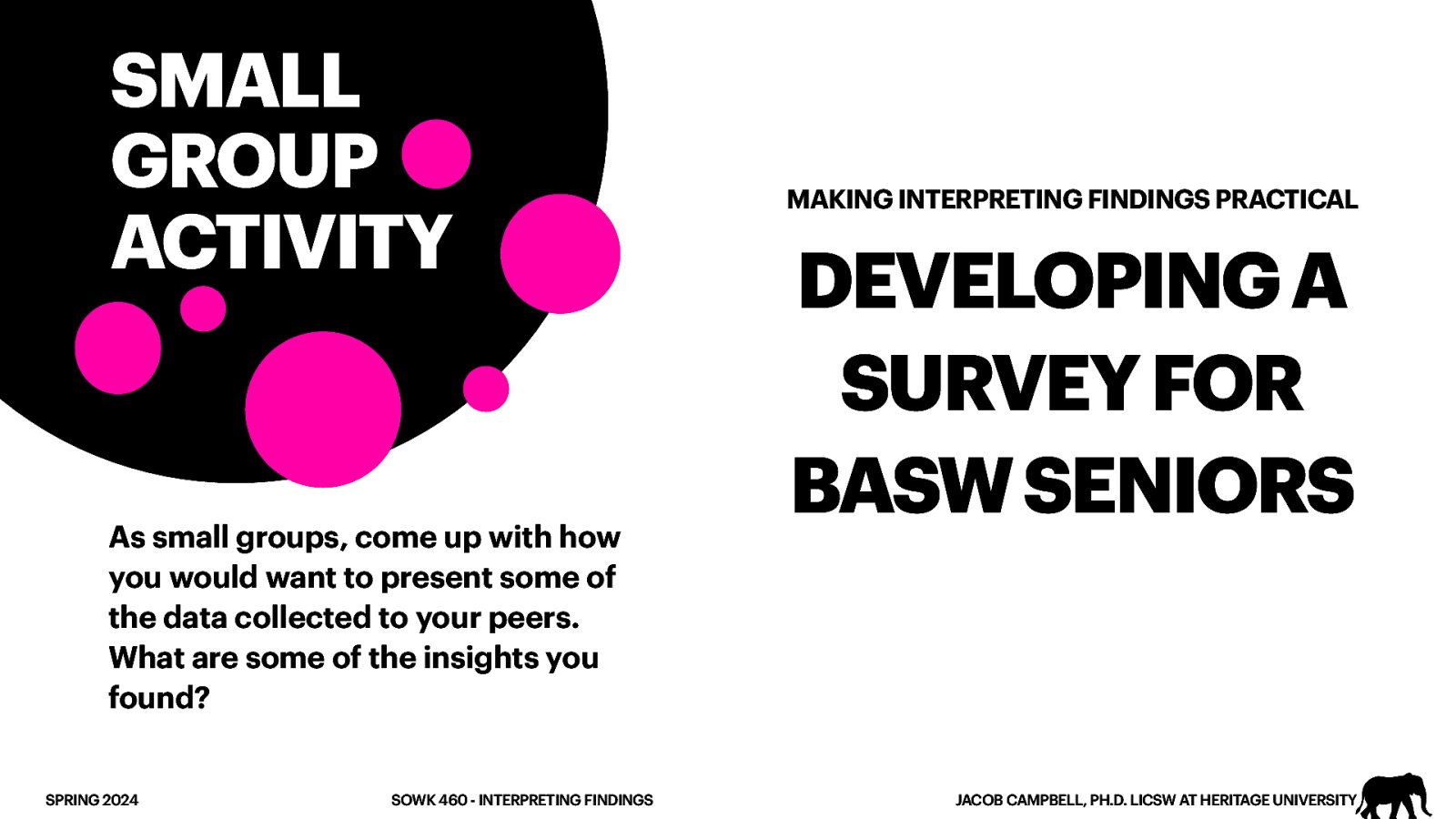 SMALL GROUP ACTIVITY As small groups, come up with how you would want to present some of the data collected to your peers. What are some of the insights you found? SPRING 2024 SOWK 460 - INTERPRETING FINDINGS MAKING INTERPRETING FINDINGS PRACTICAL DEVELOPING A SURVEY FOR BASW SENIORS JACOB CAMPBELL, PH.D. LICSW AT HERITAGE UNIVERSITY
