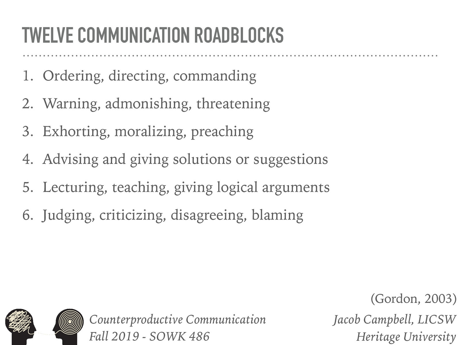  Gordon, T (2003) Teacher effectiveness training. First Revised Edition. New York: Three Rivers Press   While Hepworth lays out 7 different road blocks, Gordon (2003) describes 12 different ones. They are all incorporated in parts of the the ones described by the book. I wanted to spend some time discussing these.   [Whole Class Activity] Discuss what each roadblock might look like in communication.   Ordering, directing, commanding Warning, admonishing, threatening Exhorting, moralizing, preaching Advising and giving solutions or suggestions Lecturing, teaching, giving logical arguments Judging, criticizing, disagreeing, blaming  -> For information sake, the 7 roadblocks described by Hepworth  Reassuring, sympathizing, consoling, or excusing Advising and giving suggestions or solutions prematurely Using sarcasm or employing humor that is distracting or makes light of clients’ problems Judging, criticizing, or placing blame Trying to convince the client about the right point of view through logical arguments, lecturing, instructing, or arguing Analyzing, diagnosing, or making glib or dogmatic interpretations Threatening, warning, or counterattacking 
