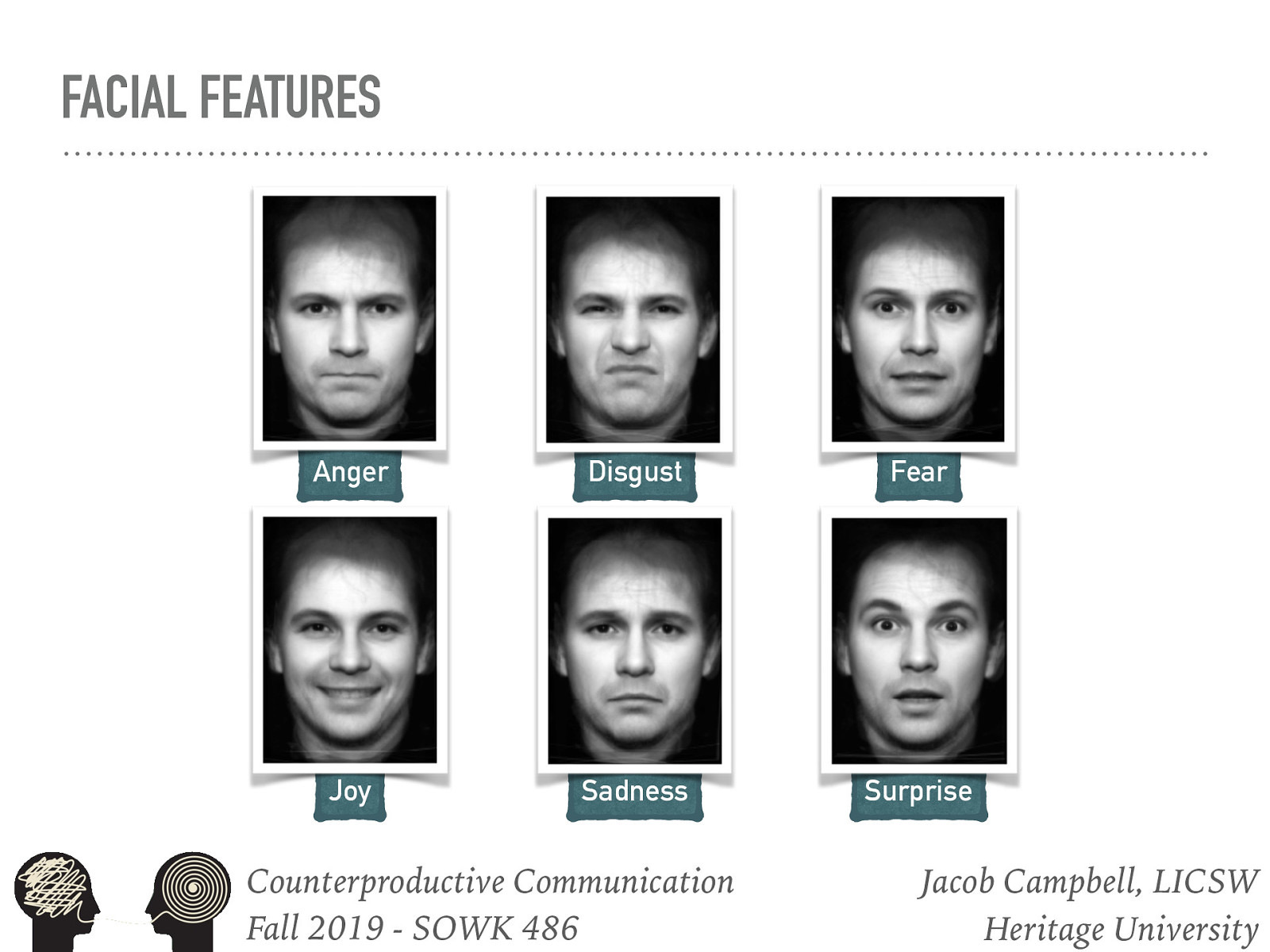  [Activity] What emotion are each of these facial features expressing?   Like everything in SW, It’s about self evaluation  Not only are are we looking at the facial features or affect of the client, but become aware of our own. Are our facial expressions corresponding with our other nonverbal behavior and what we are saying?   Facial expressions provide an excellent means of communication. Facial expressions can be used to reinforce what is said verbally and emphasize the fact that you mean what you say. We need to be concerned about if we have incongruence and leakage (e.g. feelings about client leaked out) 
