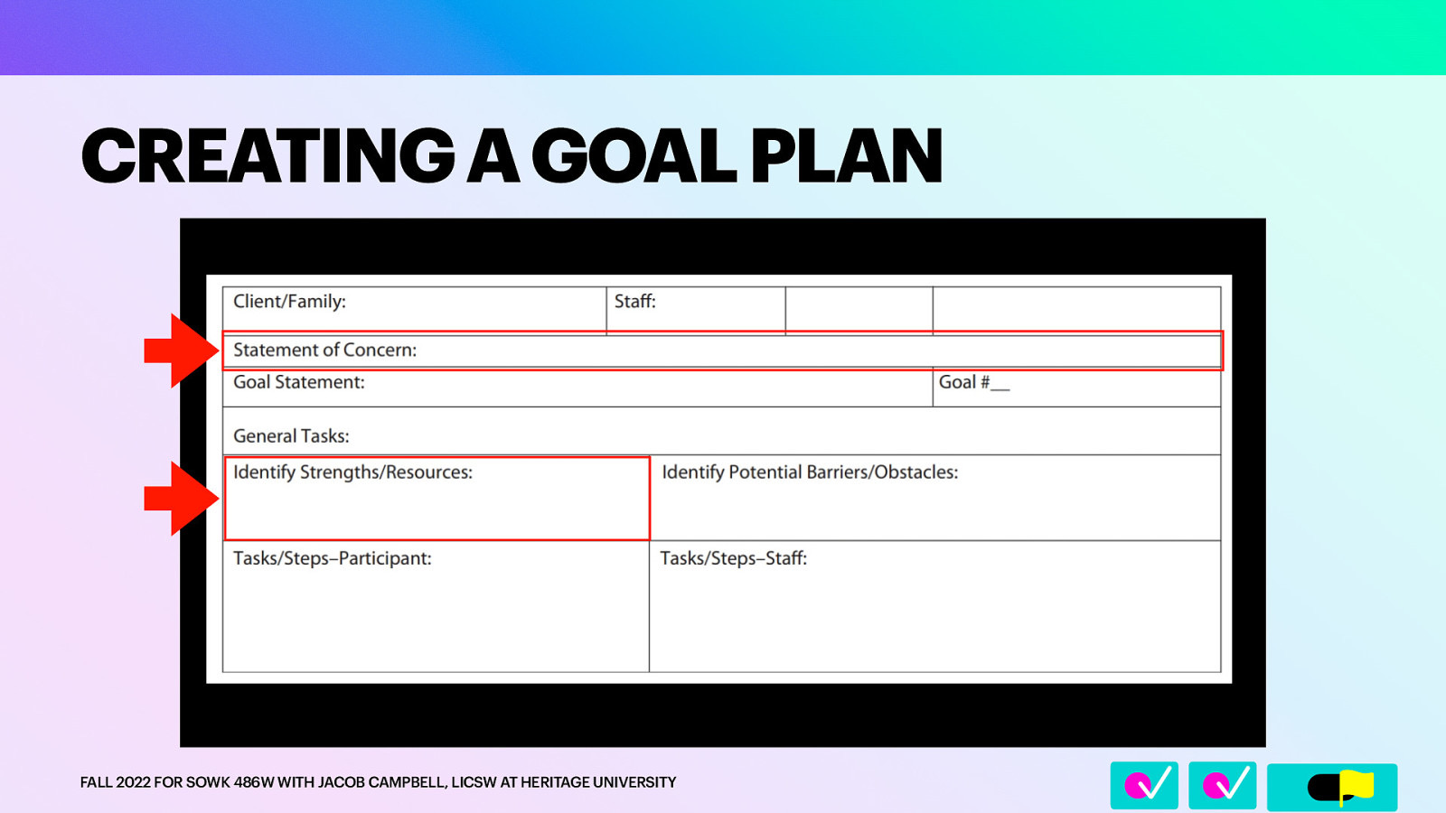 􀆅􀆅􀋊 CREATING A GOAL PLAN FALL 2022 FOR SOWK 486W WITH JACOB CAMPBELL, LICSW AT HERITAGE UNIVERSITY
