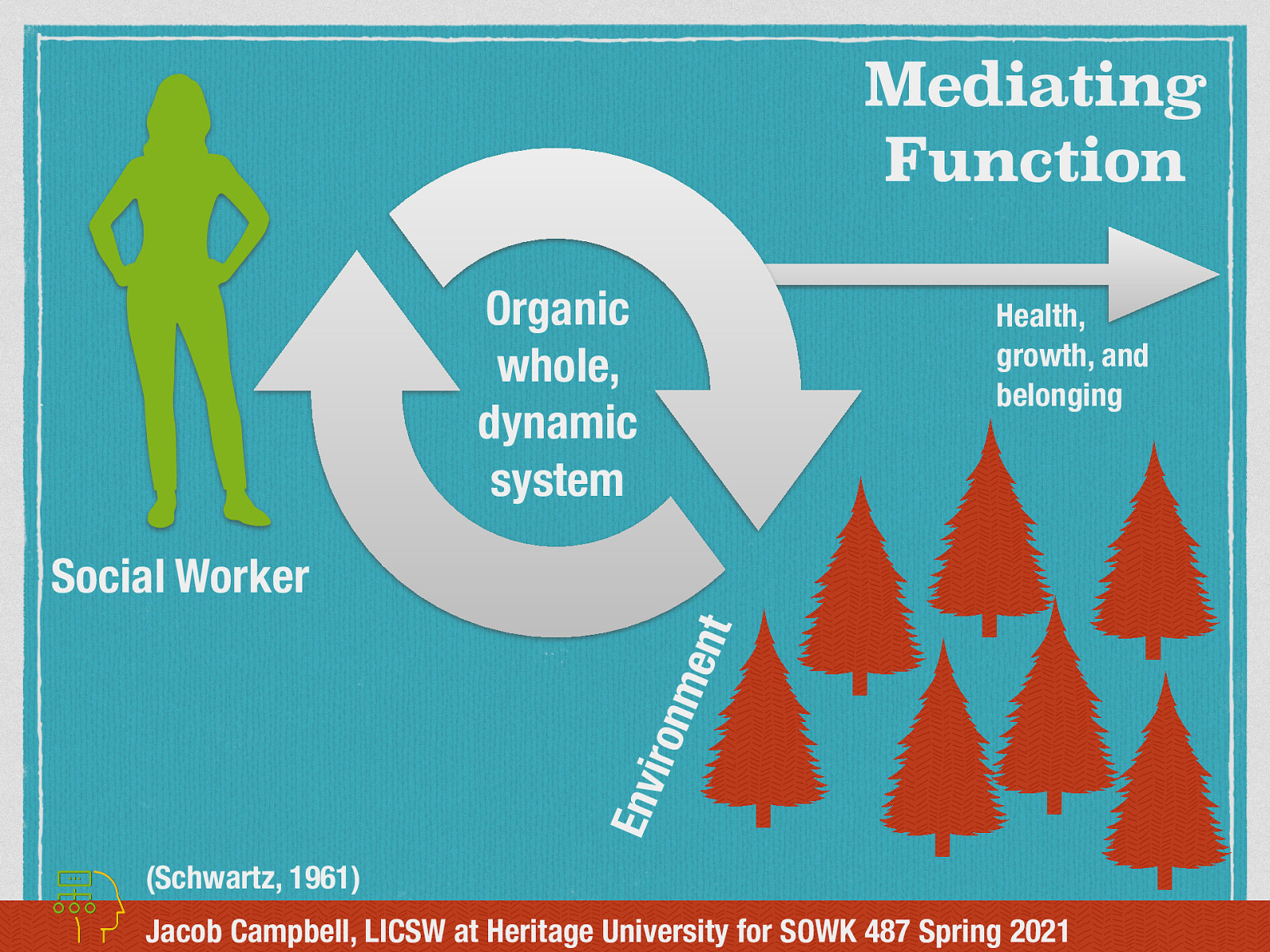  Schwartz is prolific in writing about doing group work, and he looked at doing social work with groups as a interactionist model.   Schwartz would describe that groups are organic whole and dynamic systems.  The social worker effects and is affected by the environment of the group. He proposed that groups of people working together move towards “health, growth, and belonging” This mediation function of social work is to mediate the transactions between the group and societal institutions and between individual members within the group.
