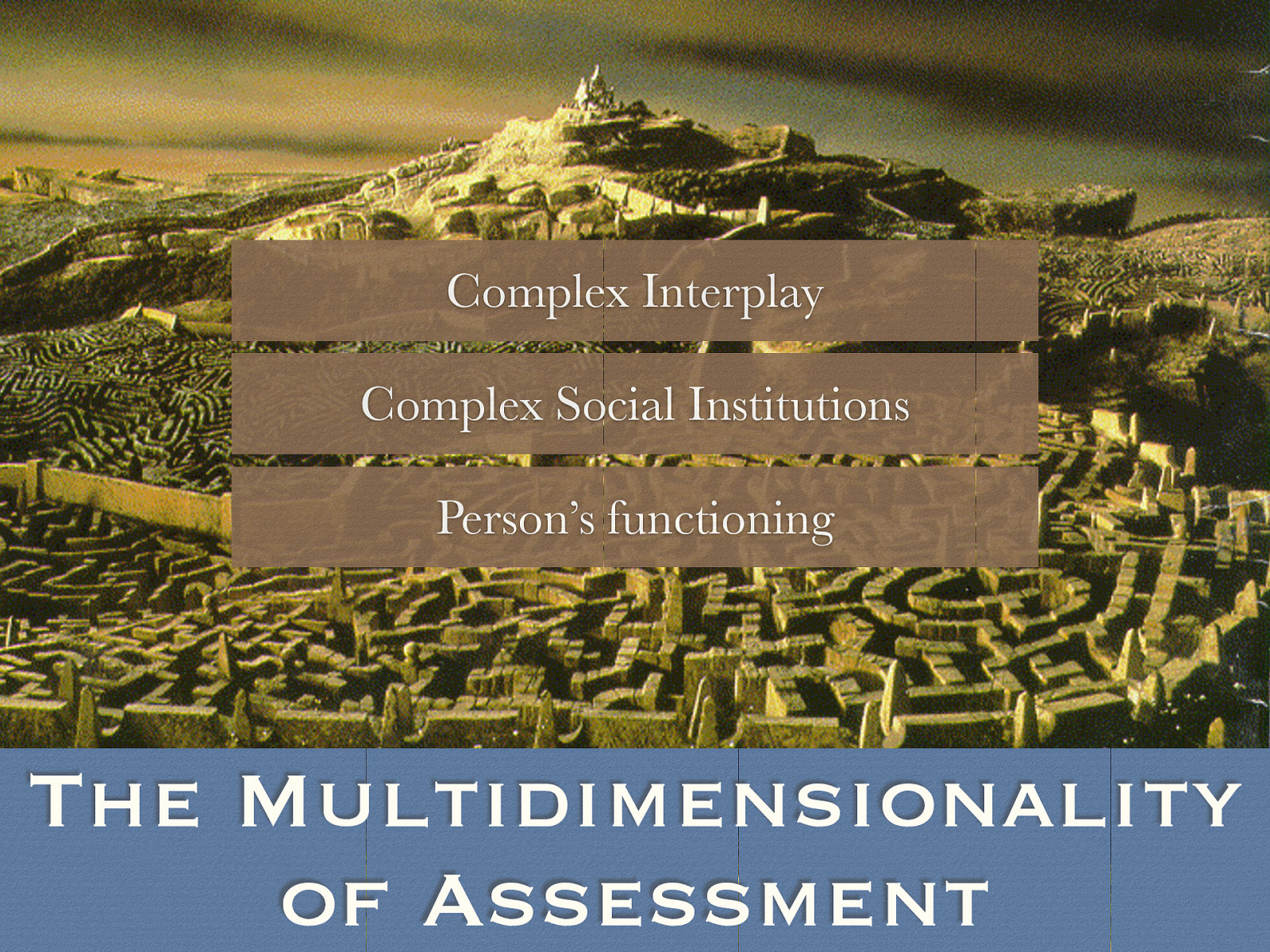  Assessments give a social worker the ability to “gathering information and formulating it into a coherent picture of the client and his or her circumstances” (p. 187)   When we are thinking about assessments, we generally think about them as being multidimensional.    Complex Interplay: Human problems even those that appear to be simple at first glance—often involve a complex interplay of many factors.  Rarely do sources of problems reside solely within an individual or within that individual’s environment.    Complex Social Institutions: The multidimensionality of human problems is a consequence of the fact that human beings are social creatures who depend both on other human beings and on complex social institutions to meet their needs.  Person’s functioning: Assessing the functioning of an individual entails evaluating various aspects of that person’s functioning. 
