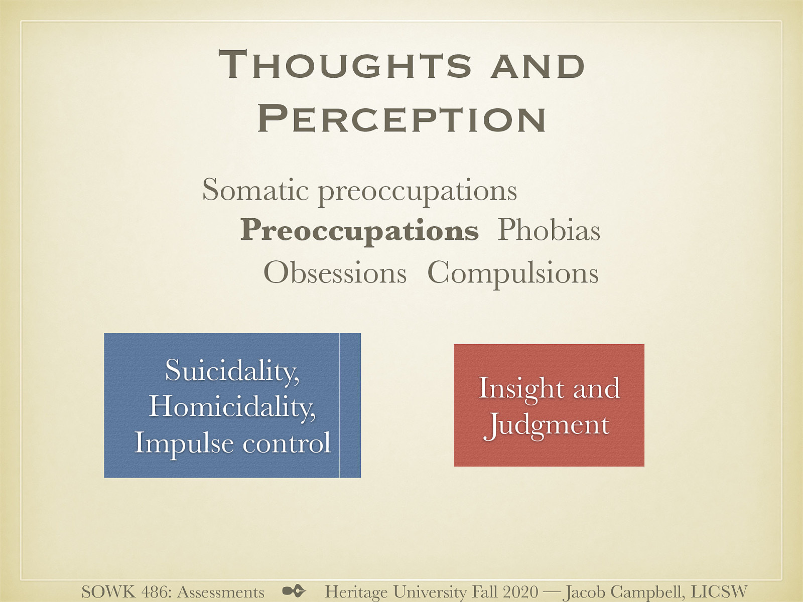  Preoccupations  Somatic preoccupations Obsessions Compulsions Phobias   Suicidality, Homicidality, Impulse control Insight and Judgment 
