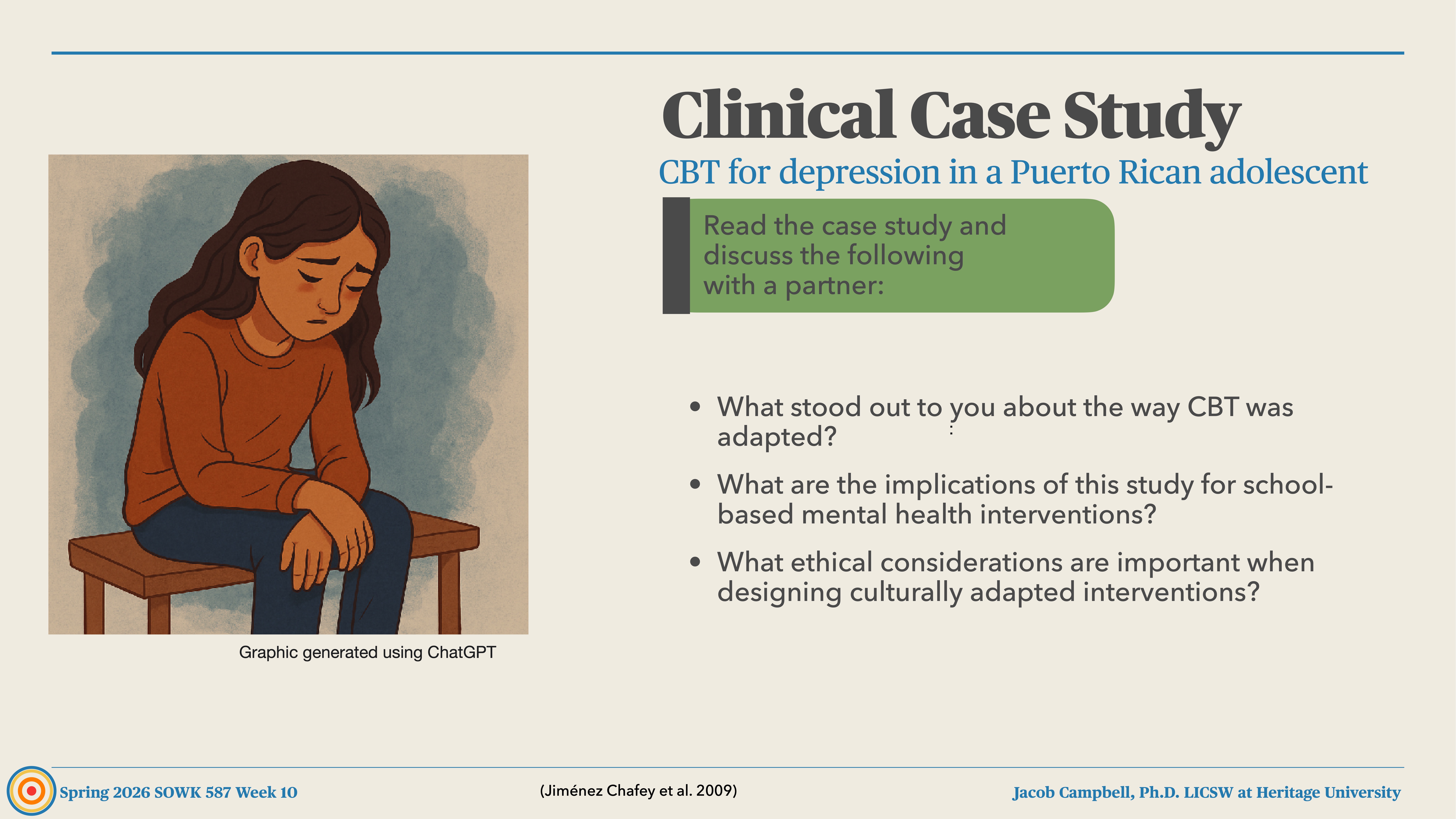 A sad adolescent girl sits on a wooden chair, hugging her knees. The slide is titled 'Clinical Case Study,' focusing on CBT for depression in a Puerto Rican adolescent. Discussion prompts include CBT adaptation, implications for school interventions, and ethical considerations in cultural adaptations.