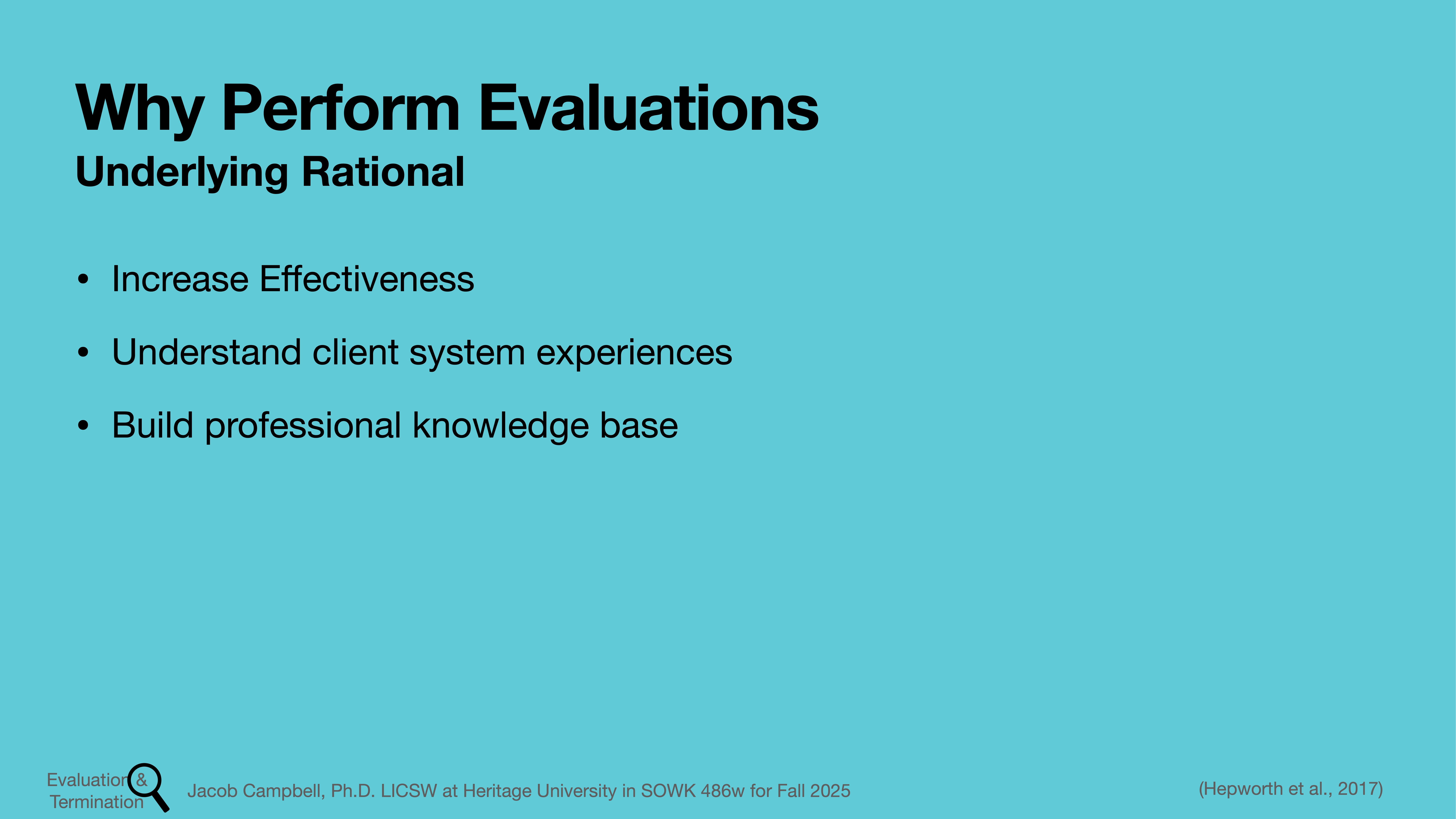 Slide text: 'Why Perform Evaluations: Underlying Rational.' Bullet points— 'Increase Effectiveness, Understand client system experiences, Build professional knowledge base.' Footer: 'Jacob Campbell, Ph.D. LCSW at Heritage University in SOWK 488w for Fall 2025.'