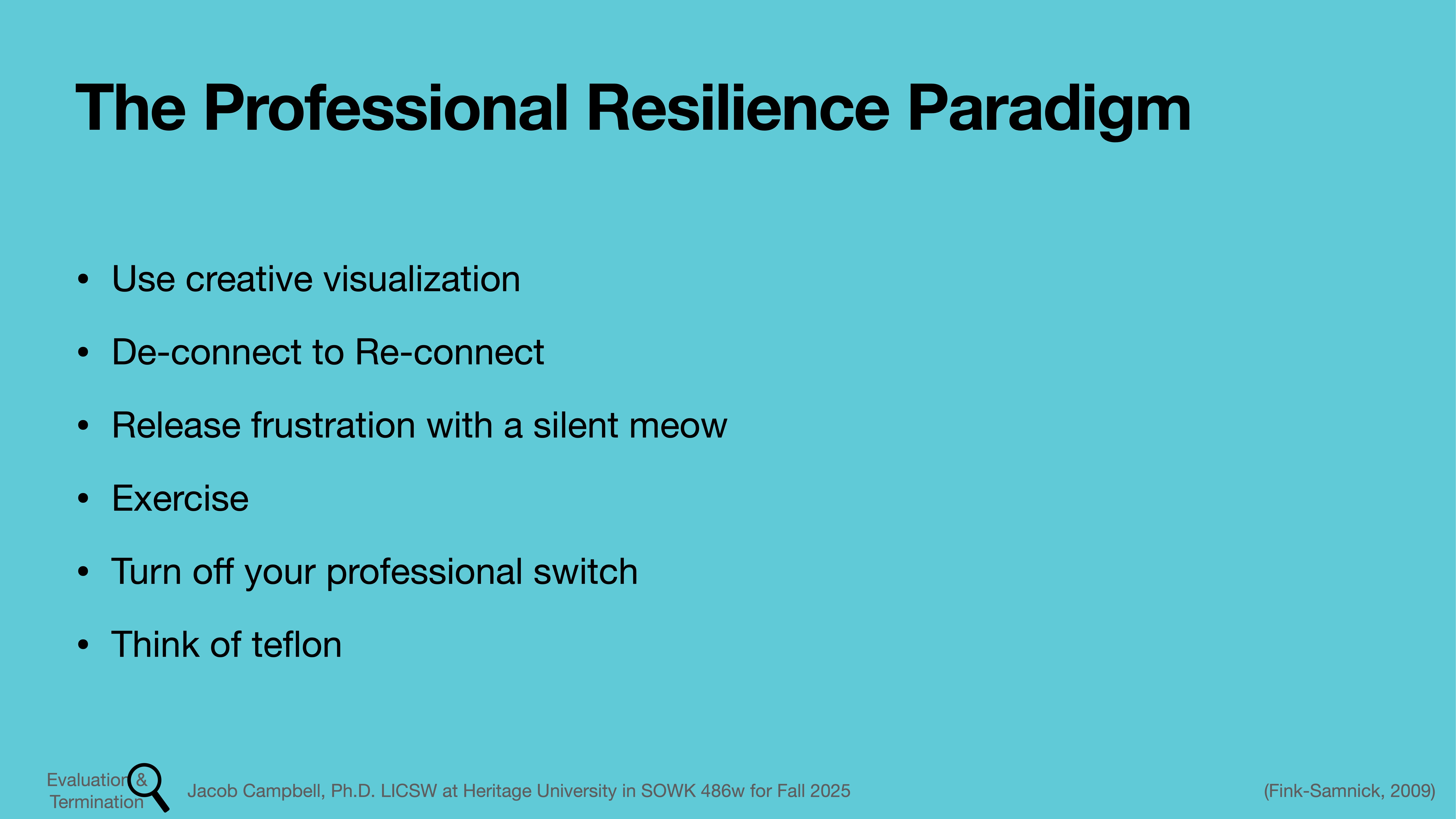 Title: 'The Professional Resilience Paradigm.' Actions: Lists strategies like creative visualization, de-connecting to reconnect, releasing frustration, exercising, turning off professional switch, and thinking of Teflon. Context: Blue background, presentation slide. Text references Jacob Campbell, Ph.D., and SOWK 488w for Fall 2025, and cites (Fink-Samnick, 2009).