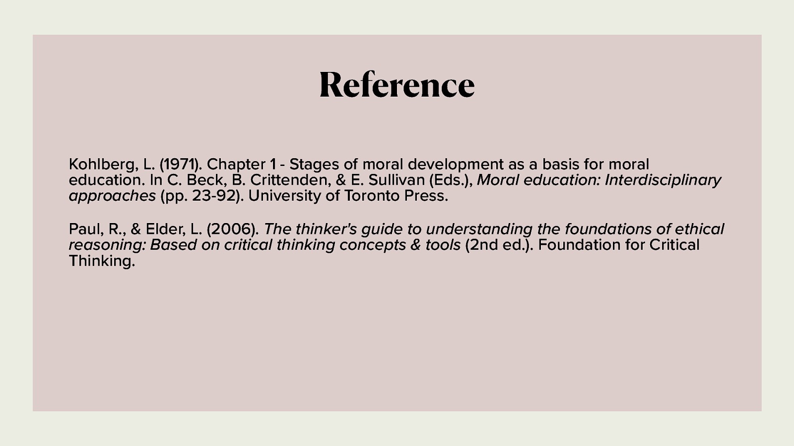 Reference Kohlberg, L. (1971). Chapter 1 - Stages of moral development as a basis for moral education. In C. Beck, B. Crittenden, & E. Sullivan (Eds.), Moral education: Interdisciplinary approaches (pp. 23-92). University of Toronto Press. Paul, R., & Elder, L. (2006). The thinker’s guide to understanding the foundations of ethical reasoning: Based on critical thinking concepts & tools (2nd ed.). Foundation for Critical Thinking.
