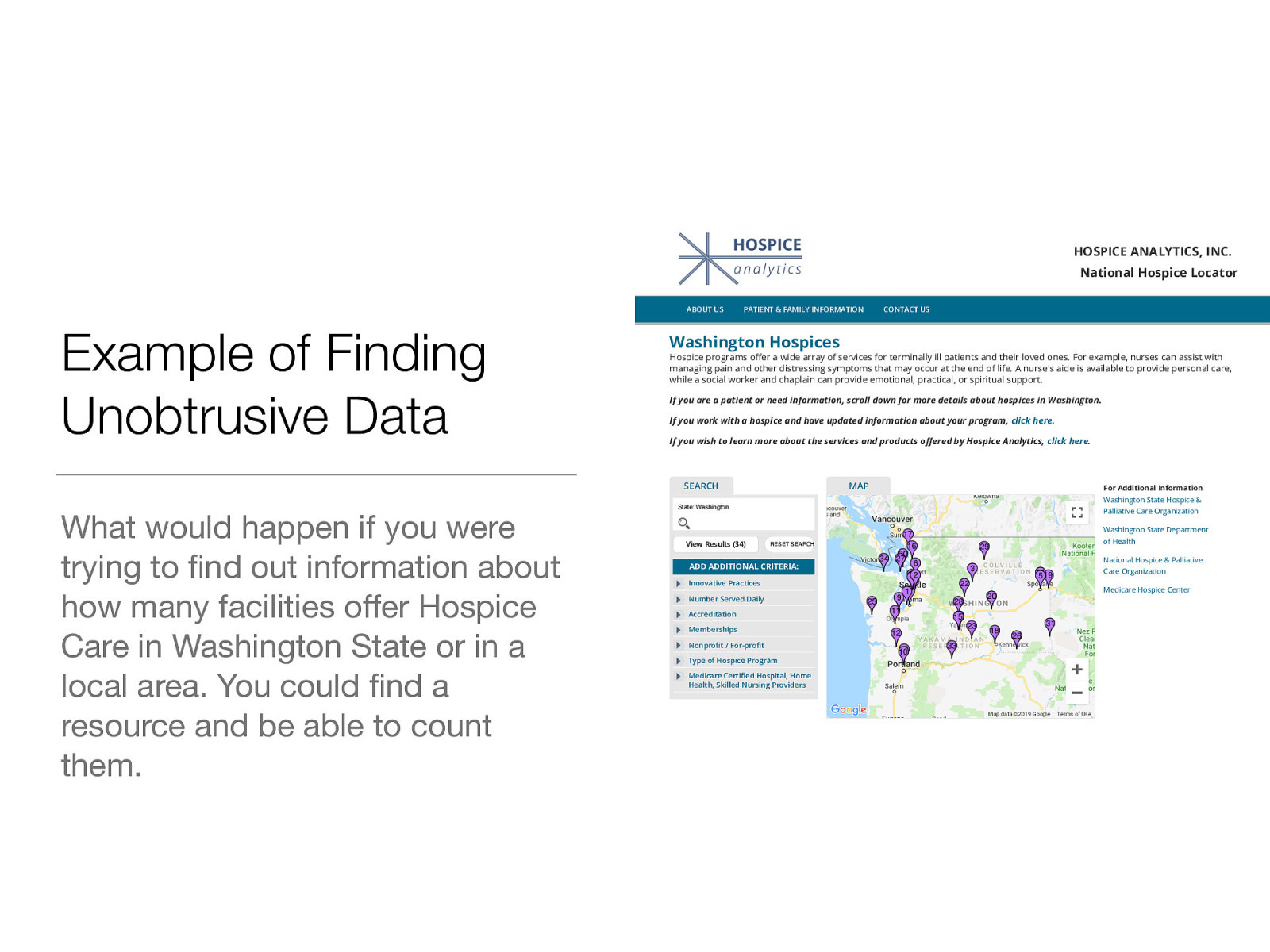  What would happen if you were trying to find out information about how many facilities offer Hospice Care in Washington State or in a local area. You could find a resource and be able to count them.  www.nationalhospicelocator.com/hospices/washington
