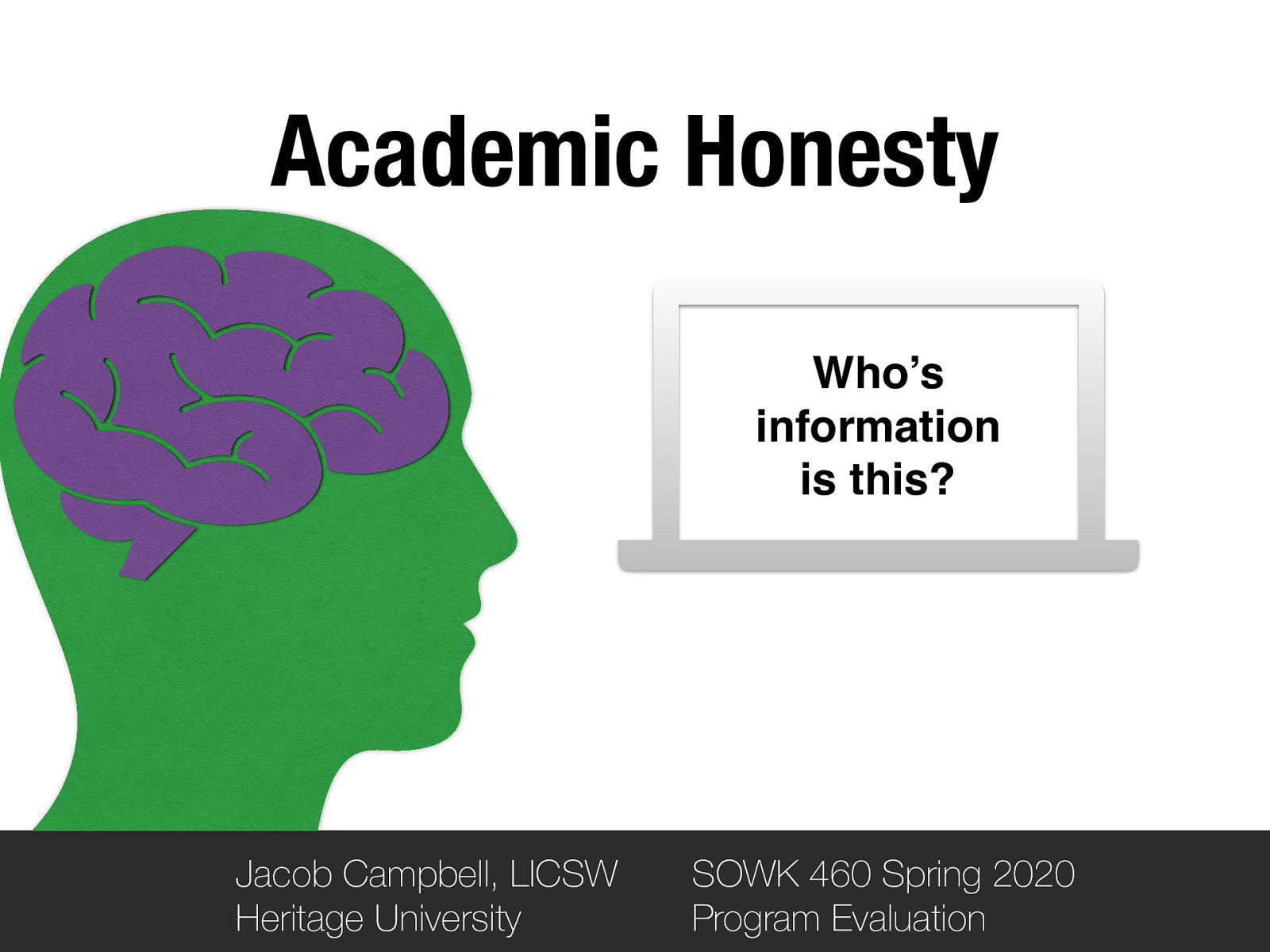 Academic Honesty Who’s information is this? Jacob Campbell, LICSW Heritage University SOWK 460 Spring 2020 Program Evaluation
