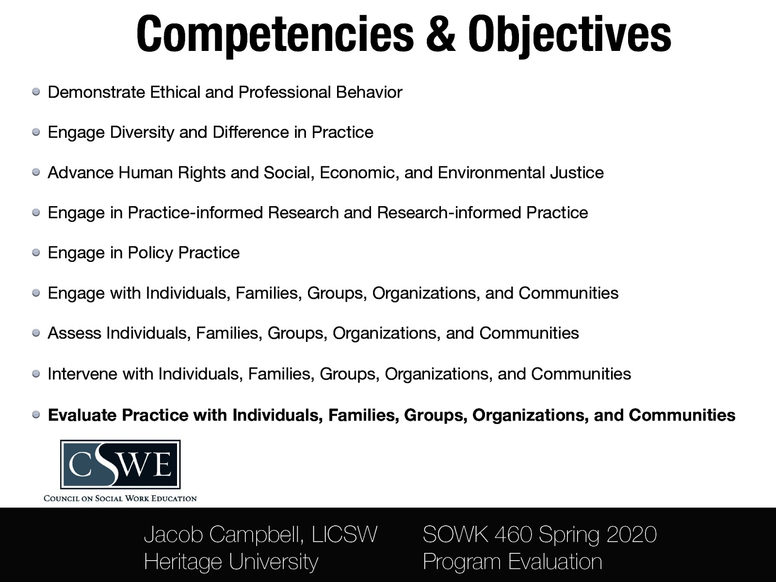 Competencies & Objectives Demonstrate Ethical and Professional Behavior Engage Diversity and Difference in Practice Advance Human Rights and Social, Economic, and Environmental Justice Engage in Practice-informed Research and Research-informed Practice Engage in Policy Practice Engage with Individuals, Families, Groups, Organizations, and Communities Assess Individuals, Families, Groups, Organizations, and Communities Intervene with Individuals, Families, Groups, Organizations, and Communities Evaluate Practice with Individuals, Families, Groups, Organizations, and Communities Jacob Campbell, LICSW Heritage University SOWK 460 Spring 2020 Program Evaluation
