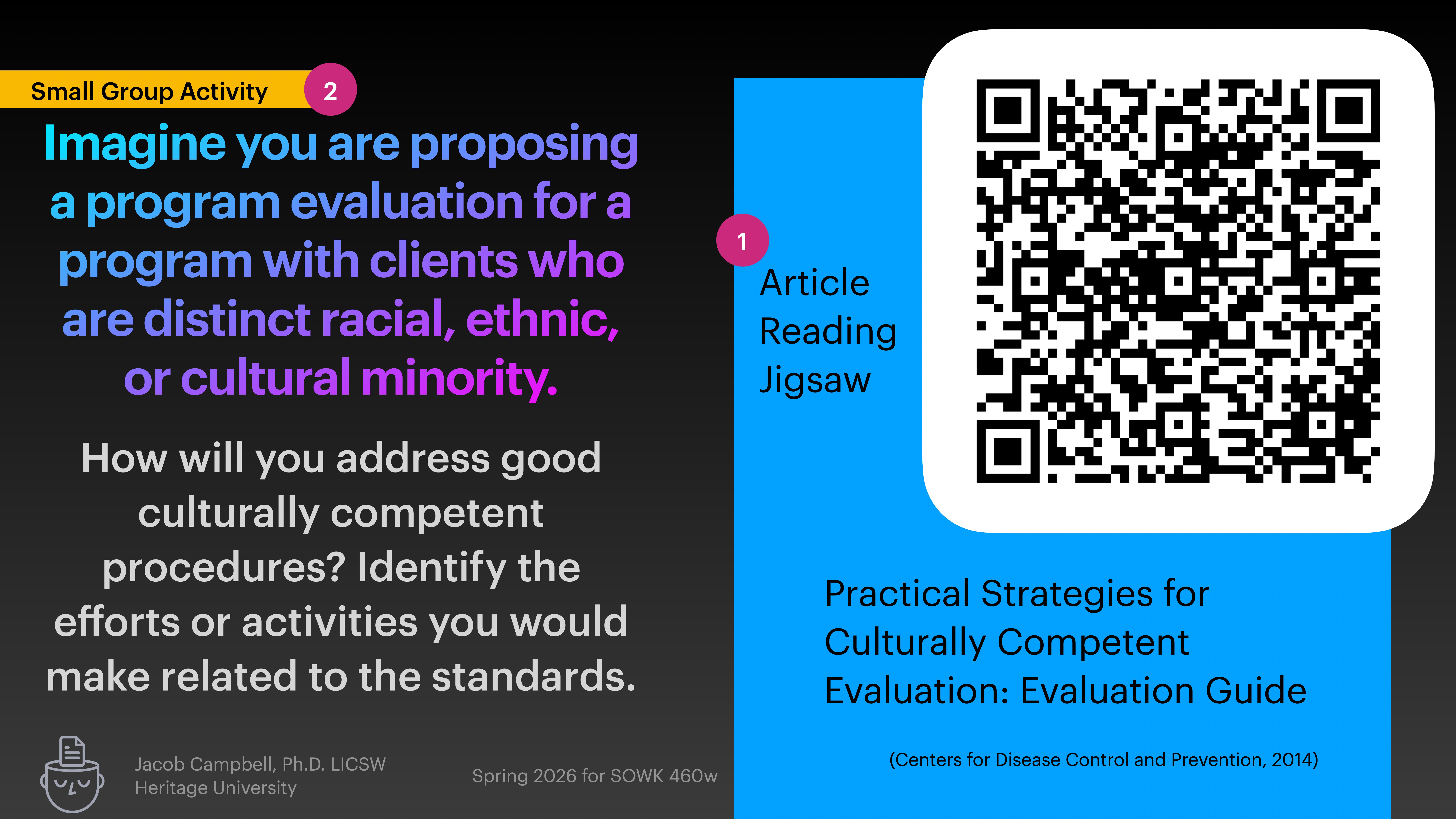 Slide with a QR code, labeled “Article Reading Jigsaw,” linked to “Practical Strategies for Culturally Competent Evaluation: Evaluation Guide.” It prompts a group activity on culturally competent program evaluation.