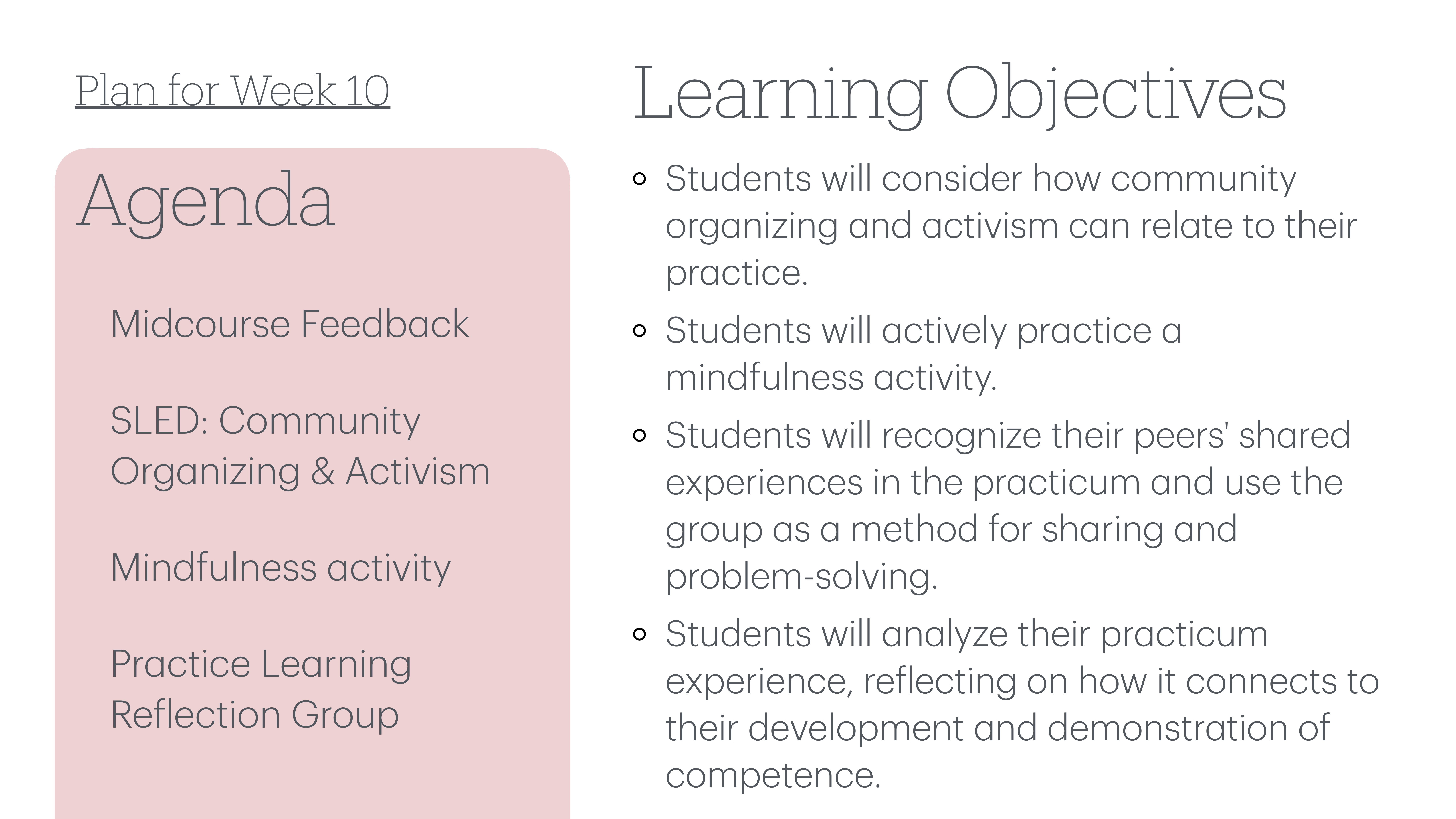 A presentation slide displays an agenda and learning objectives. The agenda includes midcourse feedback, community organizing and activism, a mindfulness activity, and a reflection group. Objectives emphasize community activism, mindfulness, peer experience sharing, and practicum analysis.