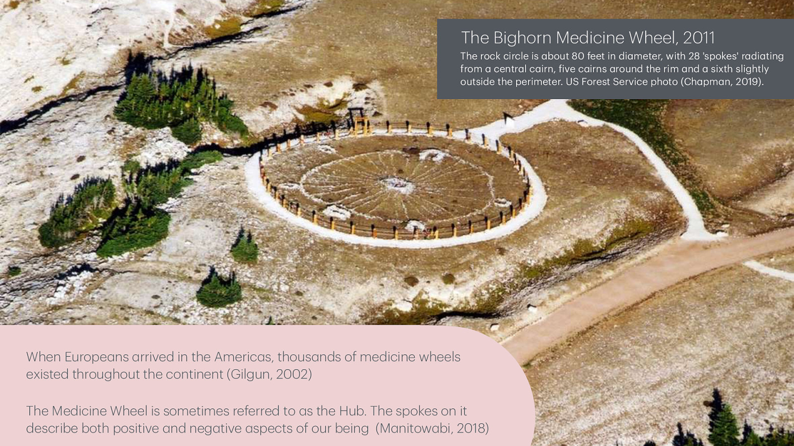 The Bighorn Medicine Wheel, 2011 The rock circle is bout 80 feet in di meter, with 28 ‘spokes’ r di ting from centr l c irn, ive c irns round the rim nd sixth slightly outside the perimeter. US Forest Service photo (Ch pm n, 2019). When Europe ns rrived in the Americ s, thous nds of medicine wheels existed throughout the continent (Gilgun, 2002) a a a a a a a a a a a a a a a a a a f a a a a a The Medicine Wheel is sometimes referred to s the Hub. The spokes on it describe both positive nd neg tive spects of our being (M nitow bi, 2018)
