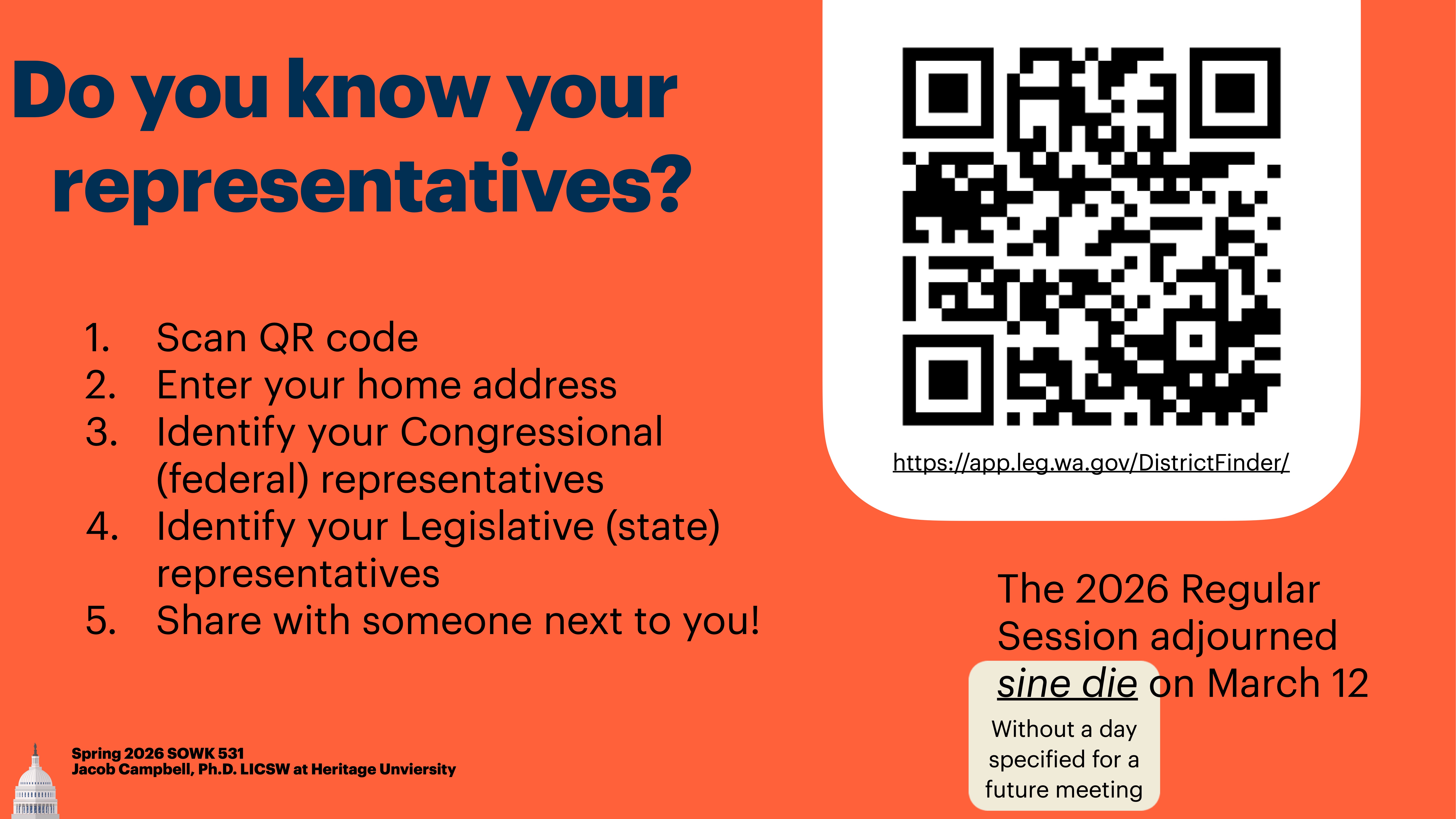 A QR code prompts users to find their representatives by scanning it and entering their address. Adjacent text details steps: scan, enter address, identify federal/state representatives, and share. The 2026 Regular Session adjourned sine die on March 12.