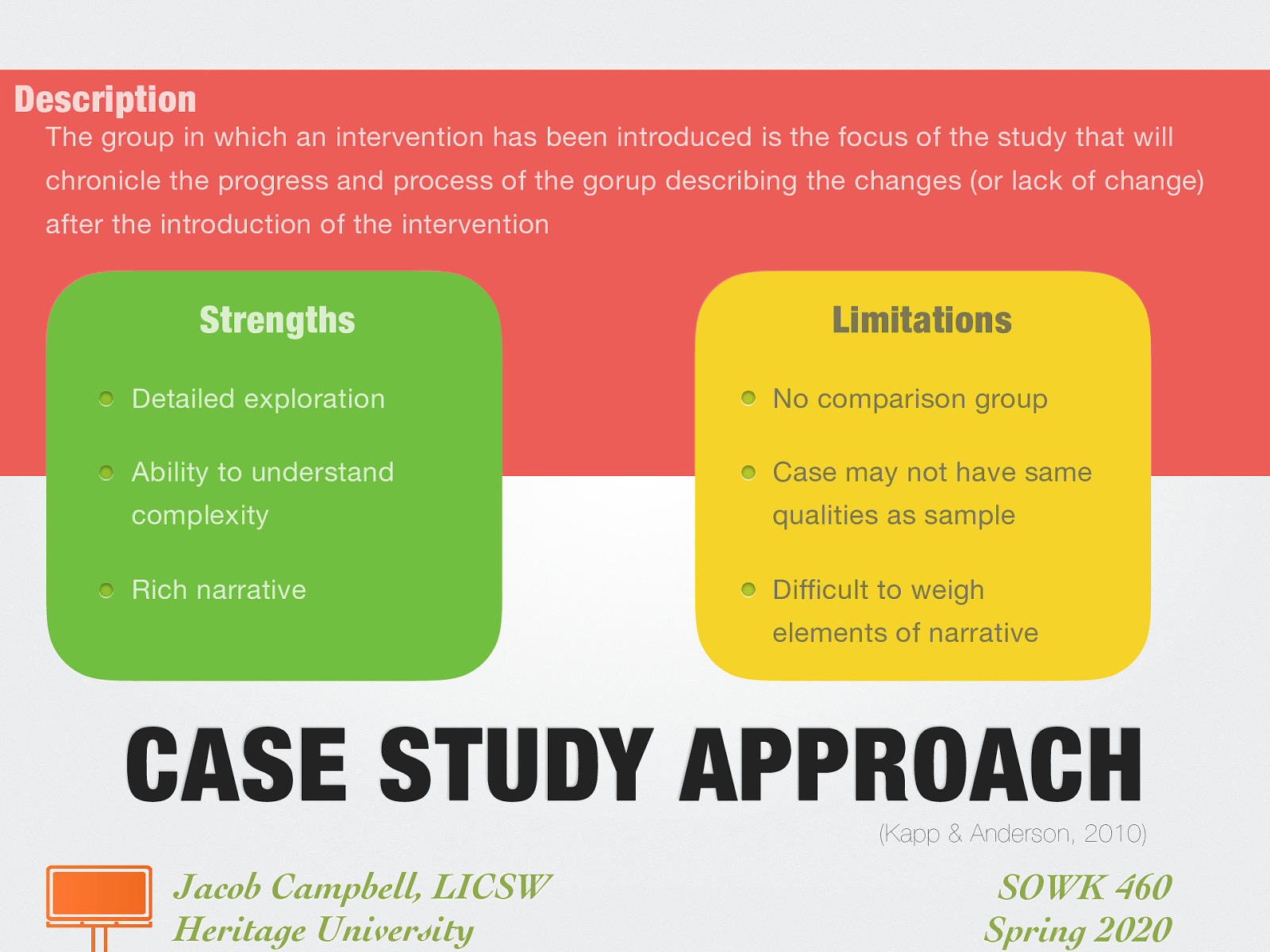 Description: The group in which an intervention has been introduced is the focus of the study that will chronicle the progress and process of the gorup describing the changes (or lack of change) after the introduction of the intervention Strengths:  Detailed exploration Ability to understand complexity Rich narrative  Limitations:  No comparison group Case may not have same qualities as sample Difficult to weigh elements of narrative 
