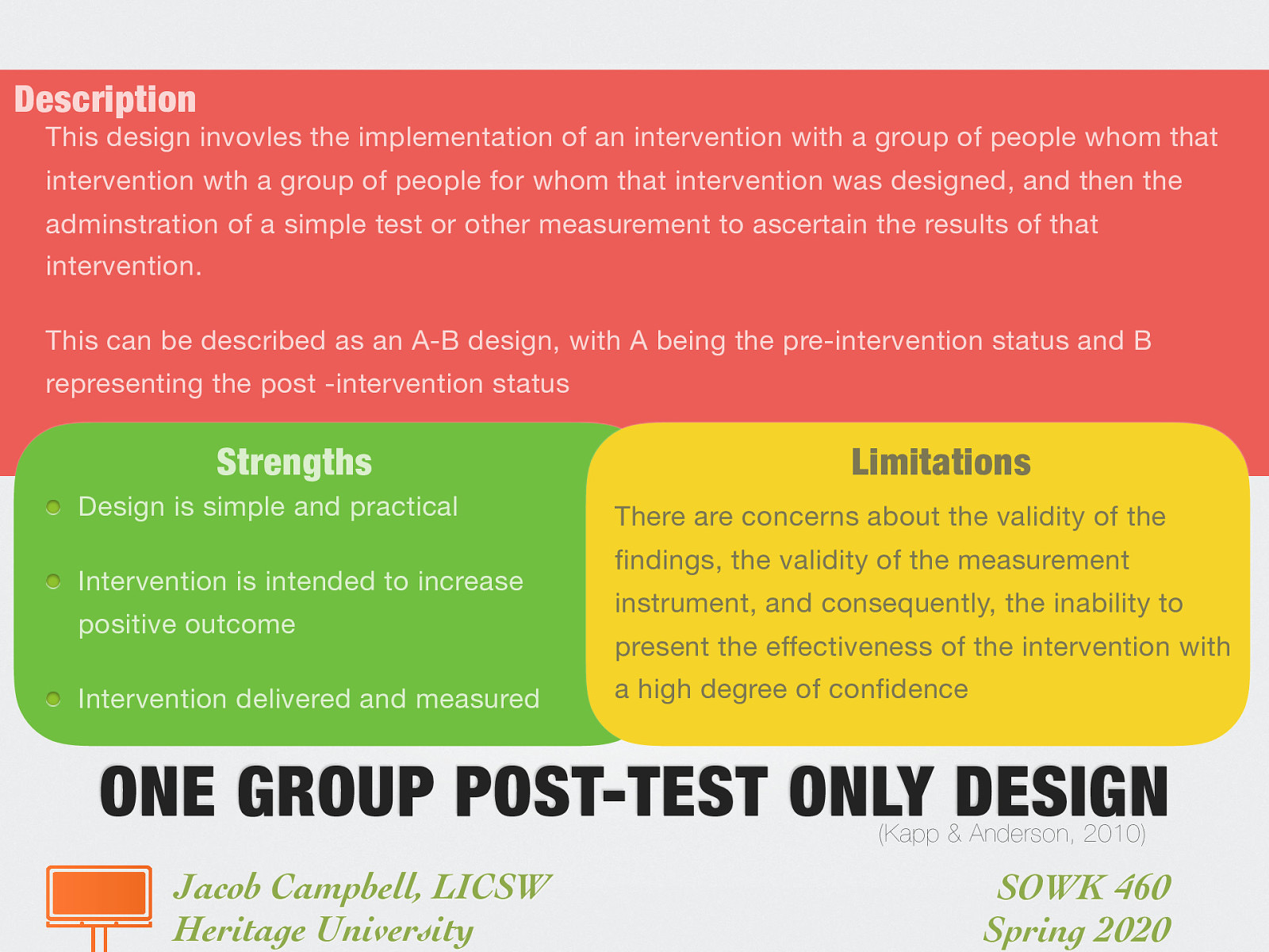 Description: This design invovles the implementation of an intervention with a group of people whom that intervention wth a group of people for whom that intervention was designed, and then the adminstration of a simple test or other measurement to ascertain the results of that intervention. This can be described as an A-B design, with A being the pre-intervention status and B representing the post -intervention status Strengths:  Design is simple and practical Intervention is intended to increase positive outcome Intervention delivered and measured  Limitations: There are concerns about the validity of the findings, the validity of the measurement instrument, and consequently, the inability to present the effectiveness of the intervention with a high degree of confidence
