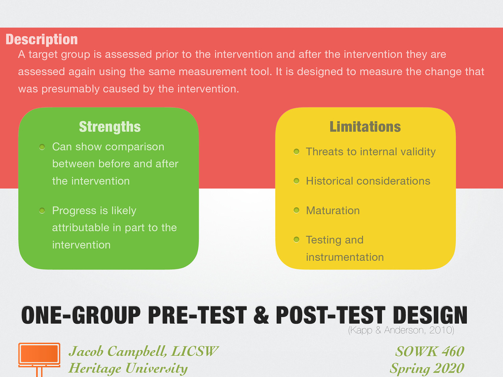 Description: A target group is assessed prior to the intervention and after the intervention they are assessed again using the same measurement tool. It is designed to measure the change that was presumably caused by the intervention. Strengths:  Can show comparison between before and after the intervention Progress is likely attributable in part to the intervention  Limitations:  Threats to internal validity Historical considerations Maturation Testing and instrumentation 
