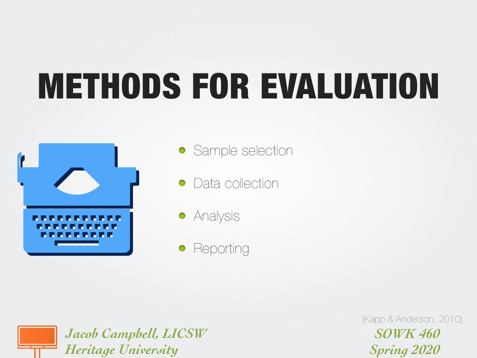  Any method for evaluation needs to include:   Sample selection Data collection Analysis Reporting 
