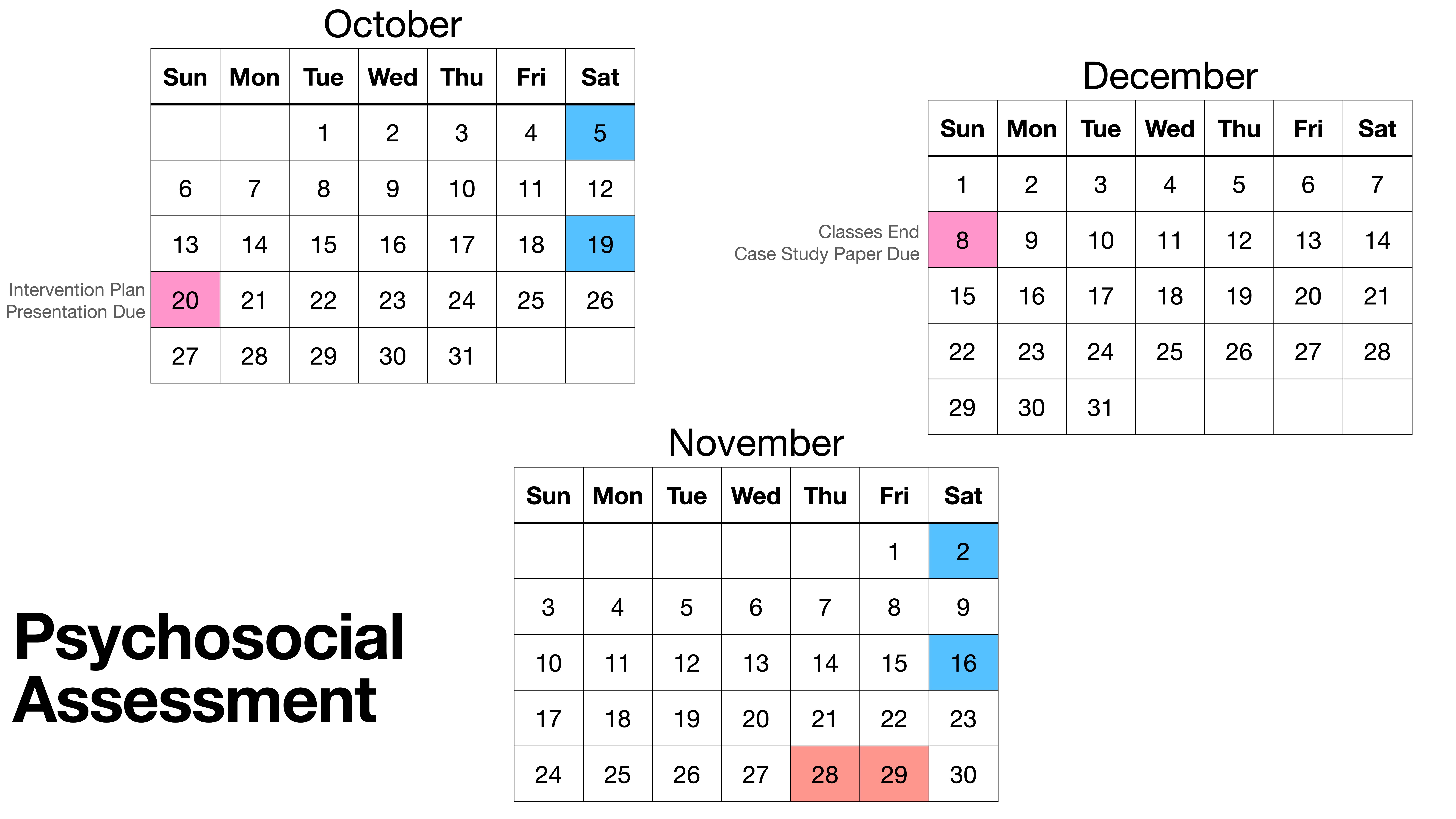 Three monthly calendars (October, November, December) display due dates and events. October 20 is 'Intervention Plan Presentation Due.' November highlights on 2, 16, 28-29. December 8 marks 'Classes End, Case Study Paper Due.' Title: 'Psychosocial Assessment.'