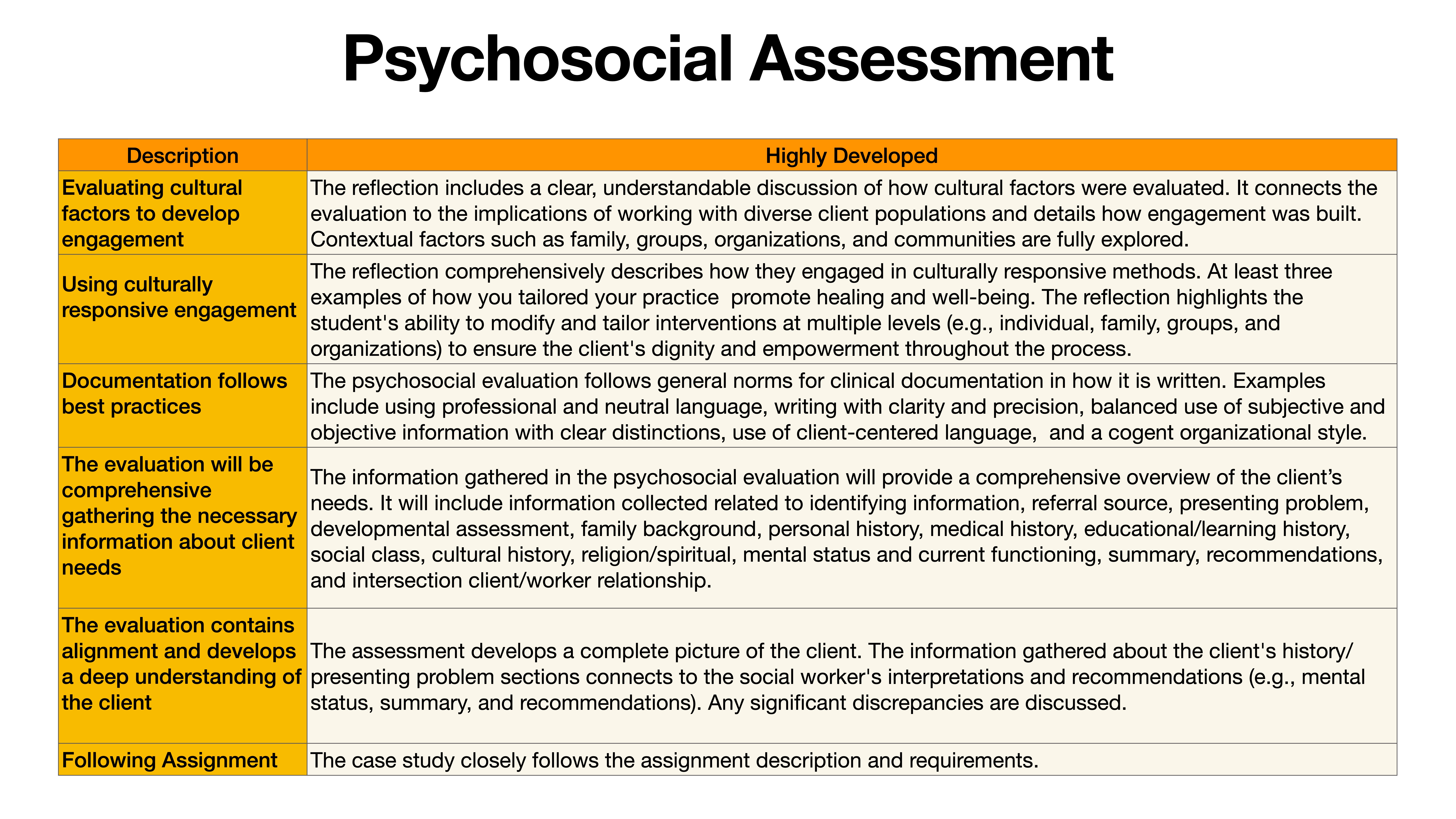 A slide titled 'Psychosocial Assessment' contains a table with two columns: 'Description' and 'Highly Developed.' The table lists criteria like cultural factors, documentation, and client needs, each with detailed explanations.