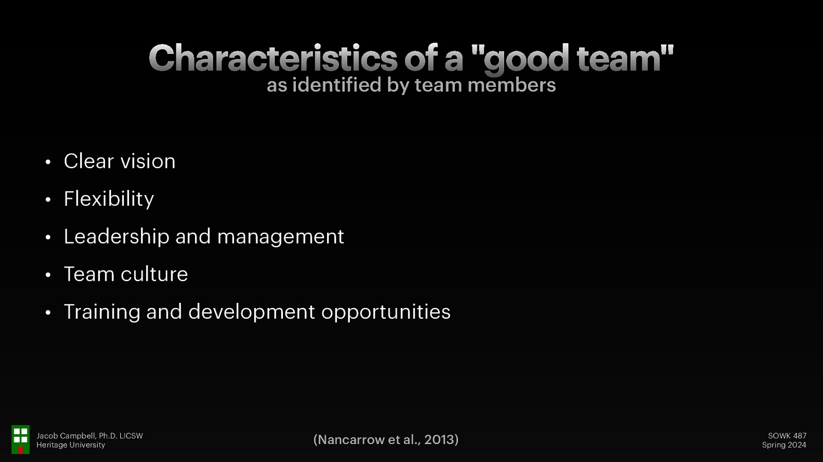 Characteristics of a “good team” as identi ied by team members • Clear vision • Flexibility • Leadership and management • Team culture • Training and development opportunities f Jacob Campbell, Ph.D. LICSW Heritage University (Nancarrow et al., 2013) SOWK 487 Spring 2024
