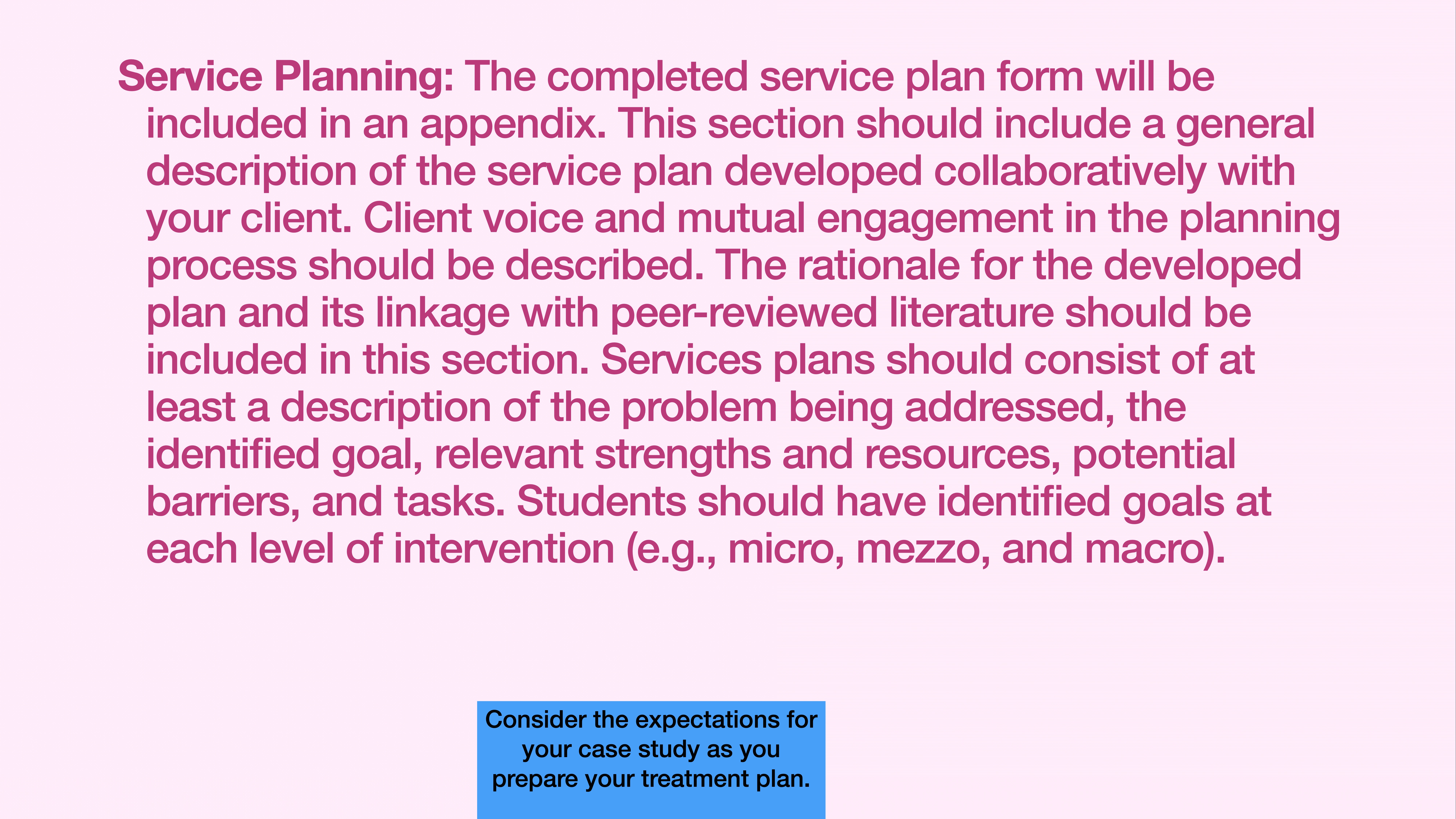 Text describing service planning in a presentation; mentions collaboration, client involvement, goals, and interventions. Advises students to include appendix details, problem description, and resources. Encourages considering case study expectations.