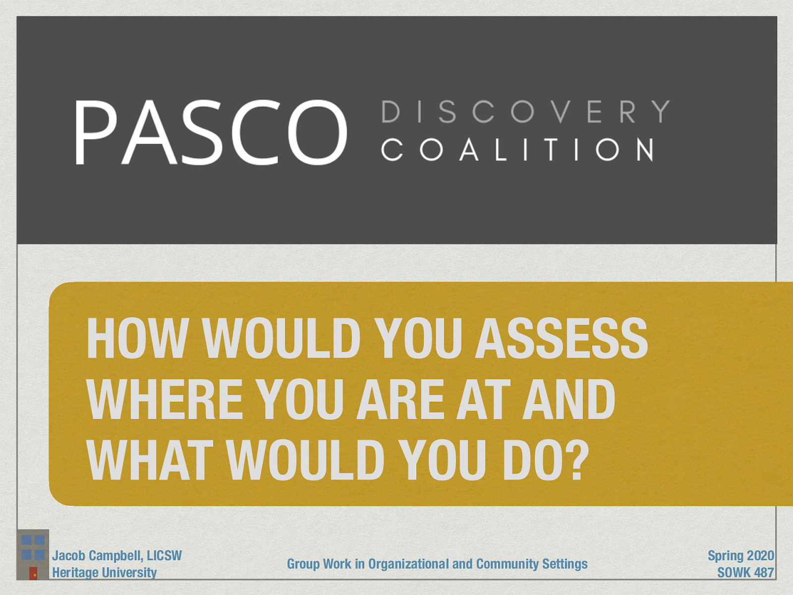  The PDC is an organization I’ve been doing stuff with for a number of years. We’ve gone through a number of structural changes recently,   [Partner Group Activity] Turn to a partner, and discuss what are things that you would want to know about and assess in thinking about making a group like the PDC more effective   [Whole Class Activity] Hot seat. Ask me any questions and assess what might be some next steps needed and what has been done already.   [Small Group Activity] In small groups, teams will work together to talk about what you would do to make an organization like the PDC more effective. 
