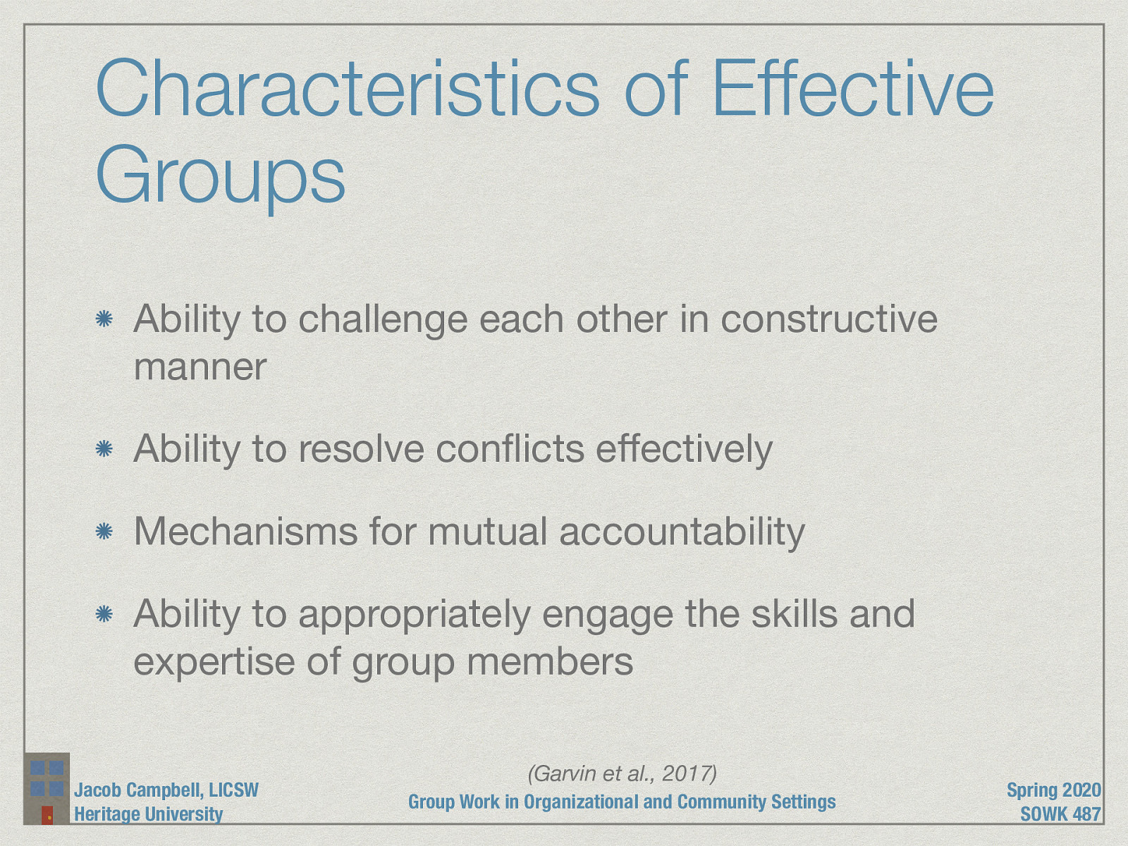 [Whole Class Activity] For each topic discuss what are some possible ways that gets implemented in groups.  Ability to challenge each other in constructive manner (group cohesion and connection) Ability to resolve conflicts effectively (Policies, Rules of Order) Mechanisms for mutual accountability (Transparency) Ability to appropriately engage the skills and expertise of group members (Member strengths evaluation, sharing leadership, personal connections) 
