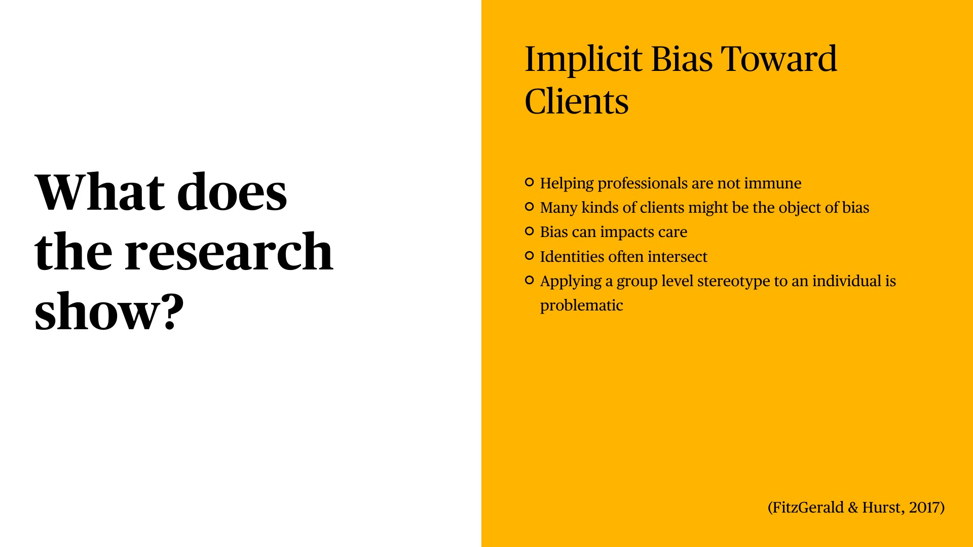 A presentation slide examining research on implicit bias toward clients. The left side poses the question 'What does the research show?' while the right side (golden background) lists key findings: helping professionals are not immune to bias, many client types can be biased against, bias impacts care delivery, identities intersect, and applying group stereotypes to individuals is problematic. Citation: FitzGerald & Hurst, 2017.