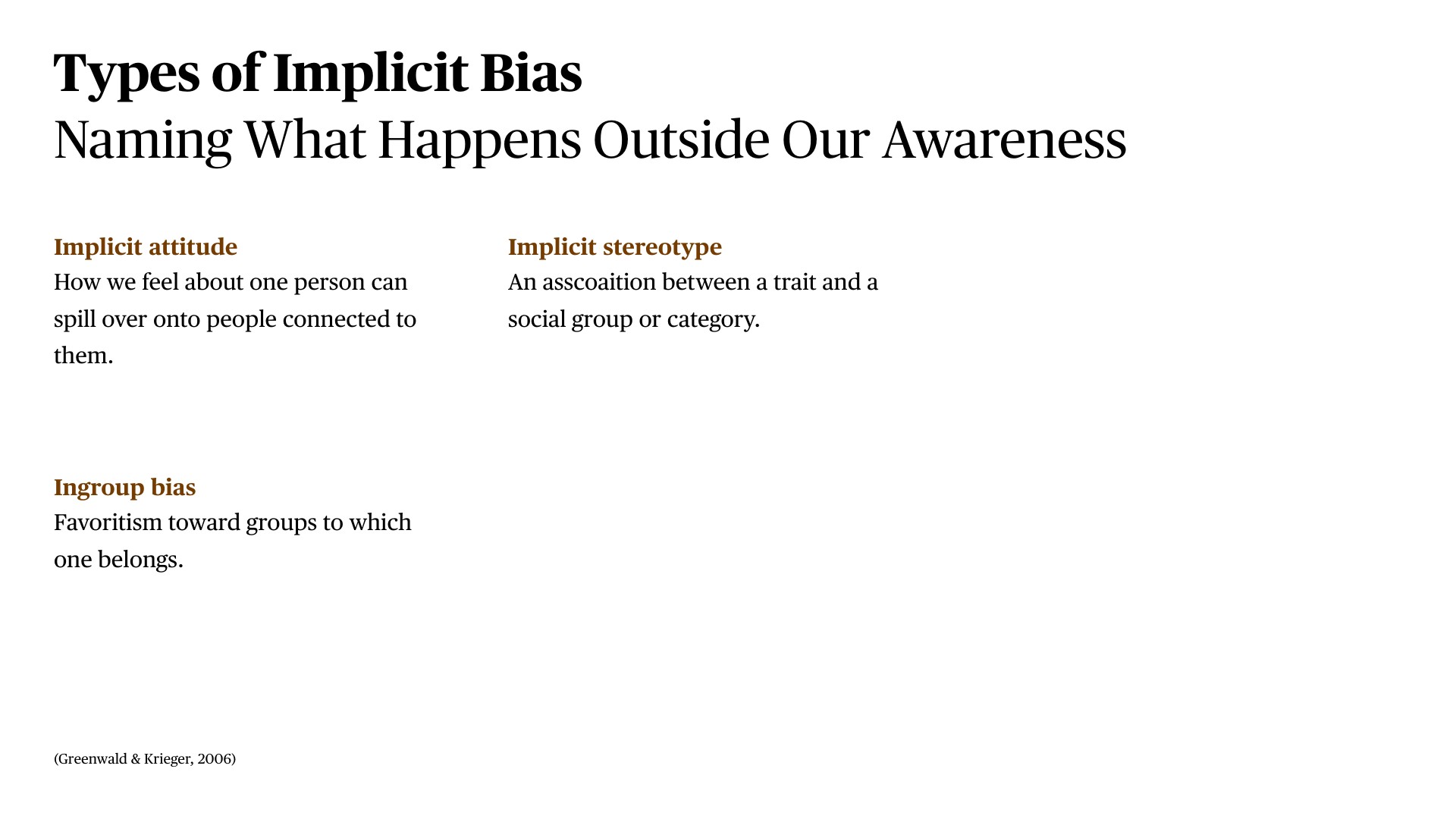 A presentation slide titled 'Types of Implicit Bias: Naming What Happens Outside Our Awareness' displays three bias types: implicit attitude (feelings about one person spilling onto connected people), implicit stereotype (trait associations with social groups), and ingroup bias (favoritism toward groups to which one belongs). Attribution: Greenwald & Krieger, 2006.