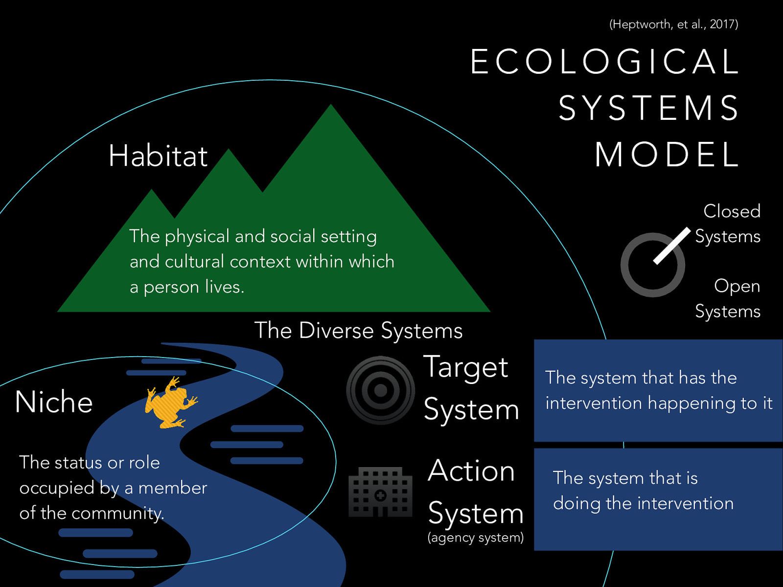  There are a number of terms that are also associated with ecological systems model. These include:    Closed Systems vs Open Systems: The ability for input to change the system  Target System: The system that has the intervention happening to it.  Action System or the Agency system: The system that is doing the intervention 
