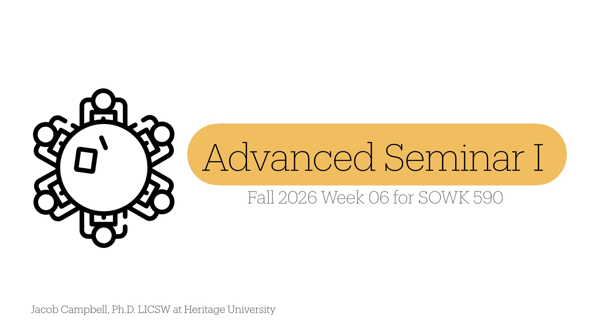 Title slide featuring a circular icon with people arranged around a central point, accompanied by a gold rounded rectangle displaying 'Advanced Seminar I, Fall 2026 Week 06 for SOWK 590,' attributed to Jacob Campbell, Ph.D. LICSW at Heritage University.