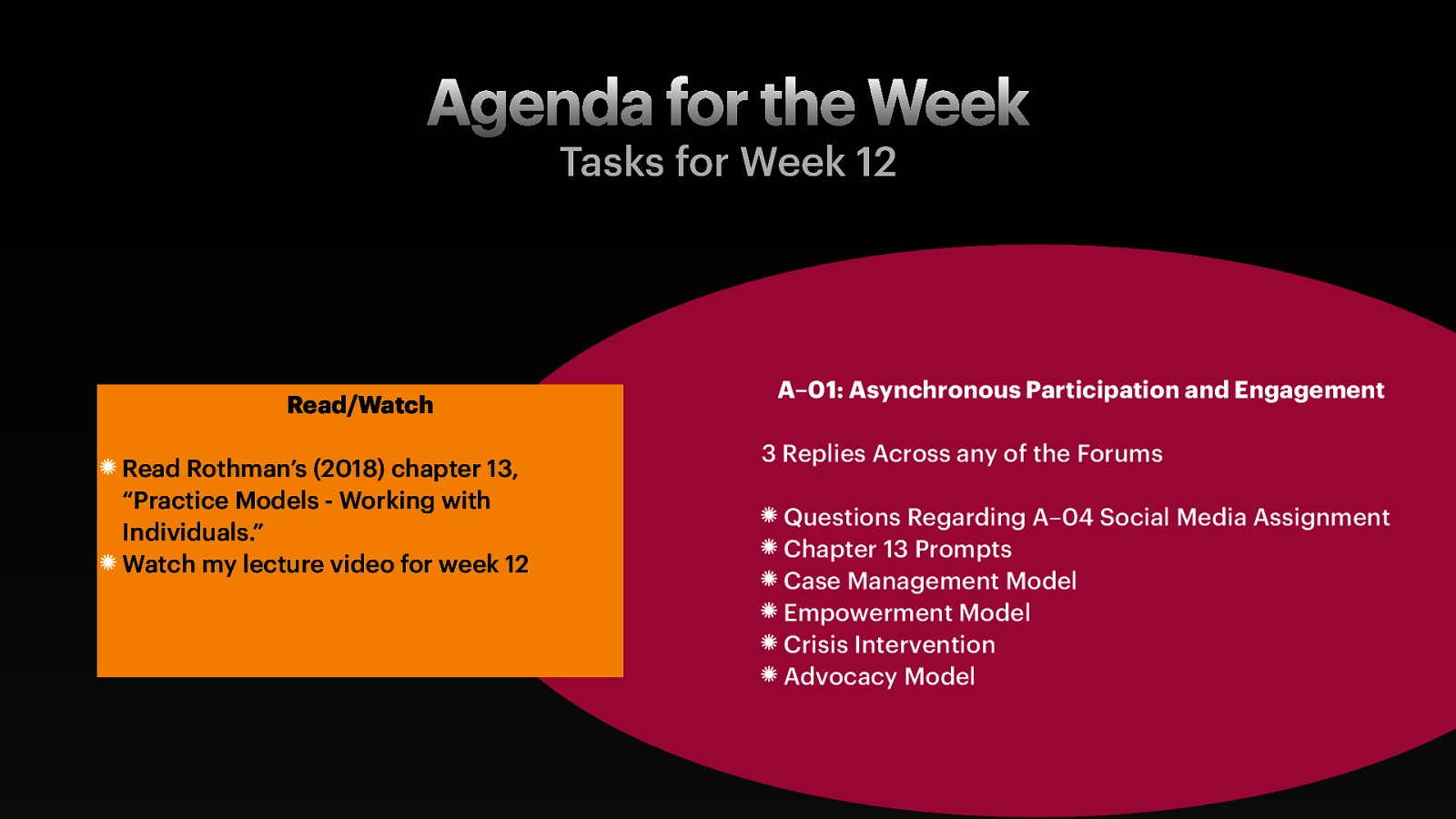 Agenda for the Week Tasks for Week 12 Read/Watch Read Rothman’s (2018) chapter 13, “Practice Models - Working with Individuals.” Watch my lecture video for week 12 A–01: Asynchronous Participation and Engagement 3 Replies Across any of the Forums Questions Regarding A–04 Social Media Assignment Chapter 13 Prompts Case Management Model Empowerment Model Crisis Intervention Advocacy Model
