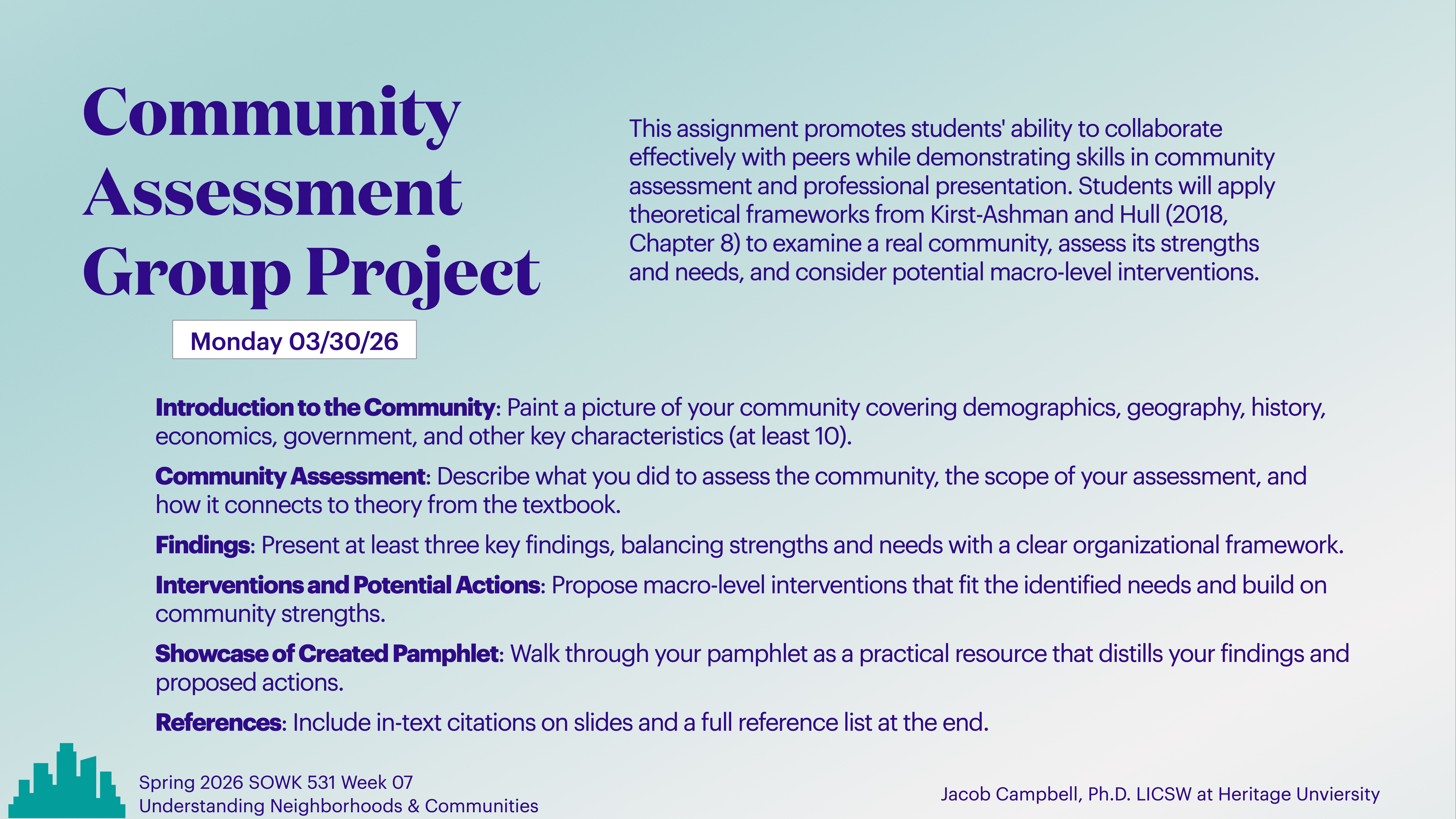 **Object**: Presentation slide  **Action**: Describes a group project   **Context**: Light blue background with headings and text about community assessment.---**Text**:- **Title**: Community Assessment Group Project- **Date**: Monday 03/30/26- **Sections**:  - **Introduction to the Community**: Cover demographics, geography, history, economics, government, and other key characteristics (at least 10).  - **Community Assessment**: Describe assessment methods, scope, and theory connections.  - **Findings**: Present key findings, balancing strengths and needs.  - **Interventions and Potential Actions**: Propose macro-level interventions building on strengths.  - **Showcase of Created Pamphlet**: Walkthrough as a resource for findings and actions.  - **References**: Include in-text citations on slides and a full reference list.- **Attribution**: Spring 2026 SOWK 531 Week 07, Understanding Neighborhoods & Communities  - **Instructor**: Jacob Campbell, Ph.D., LICSW at Heritage University