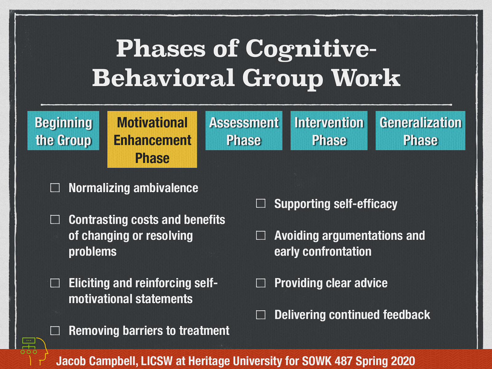  Some common processes in enhancing motivation include…   Normalizing ambivalence Contrasting costs and benefits of changing or resolving problems Eliciting and reinforcing self-motivational statements Removing barriers to treatment Supporting self-efficacy Avoiding argumentations and early confrontation Providing clear advice Delivering continued feedback 
