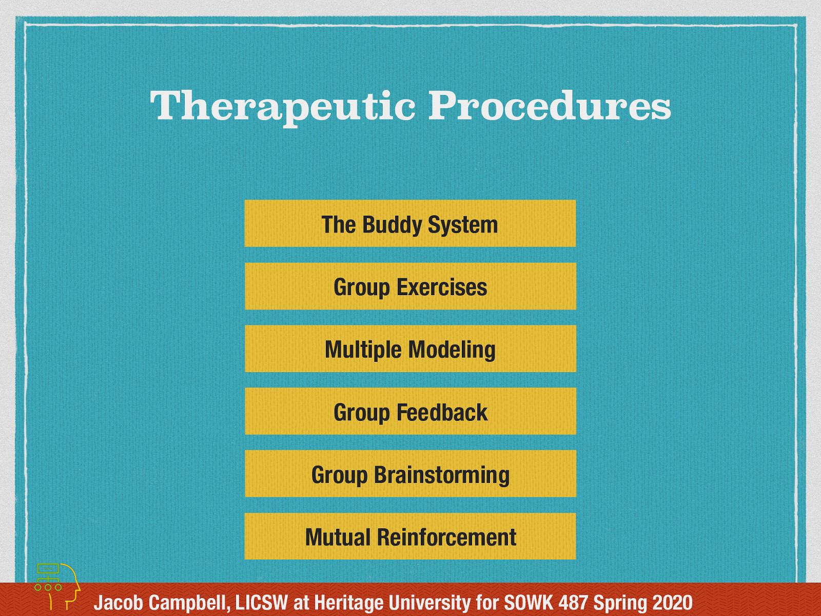  There are some therapeutic procedures which are either unavailable or less efficient for individual treatment and are often implemented when doing CBGW.    The Buddy System: having a partner to learn new skills  Group Exercises: Think about curriculum  Multiple Modeling: ART as an example and multiple role plays  Group Feedback: getting feedback from peers is sometimes more powerful than from a professional. Think about Drug and Alcohol groups and peoples BS detectors.  Group Brainstorming: Both to solve individual and group problems.  Mutual Reinforcement: Similar benefits as the mutual aid model.   Some of the therapeutic procedures which are implemented in doing individual CBT can also be used in CBGW. 
