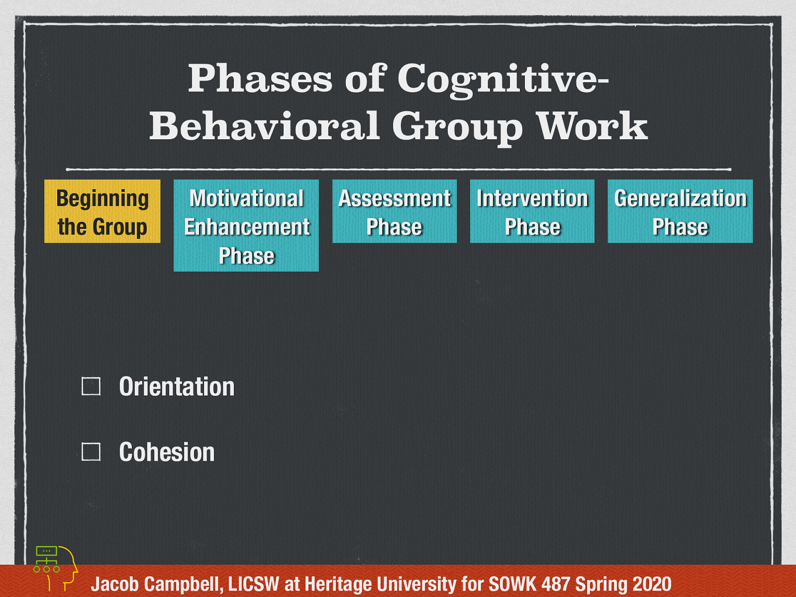  All groups have a beginning of the group phase.  In the beginning of the group phase for CBGW, there are a couple of tasks that we think about in this phase.    Orientation - What are ways that we can provide an orientation for clients in a group?  Cohesion - the mutual liking of members for each other and the group worker and their attraction to the program of the group. 
