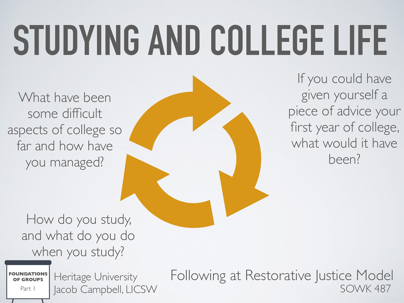  Following a Restorative Justice Model   What have been some difficult aspects of college so far and how have you managed? How do you study, and what do you do when you study? If you could have given yourself a piece of advice your first year of college, what would it have been? 
