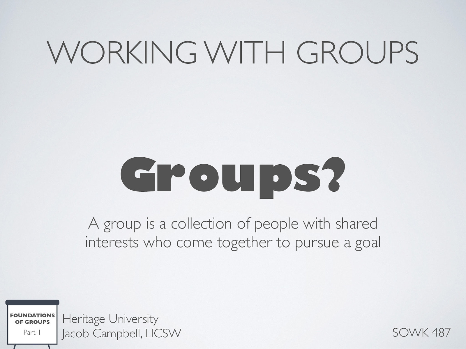  Group work can be some of the most challenging and rewarding work that we can do as social workers. But what does it mean to do work with groups?   Definition  A group is a collection of people with shared interests who come together to pursue a goal. Can be individual, group, organization, and/or community goals.   Examples  Groups can help a lot of different people with different needs such as people with CD issues, weight loss groups, family support groups, and advocacy groups. Social workers use groups to gather information about clients and to help plan interventions through staffing clients, or case conferences.   
